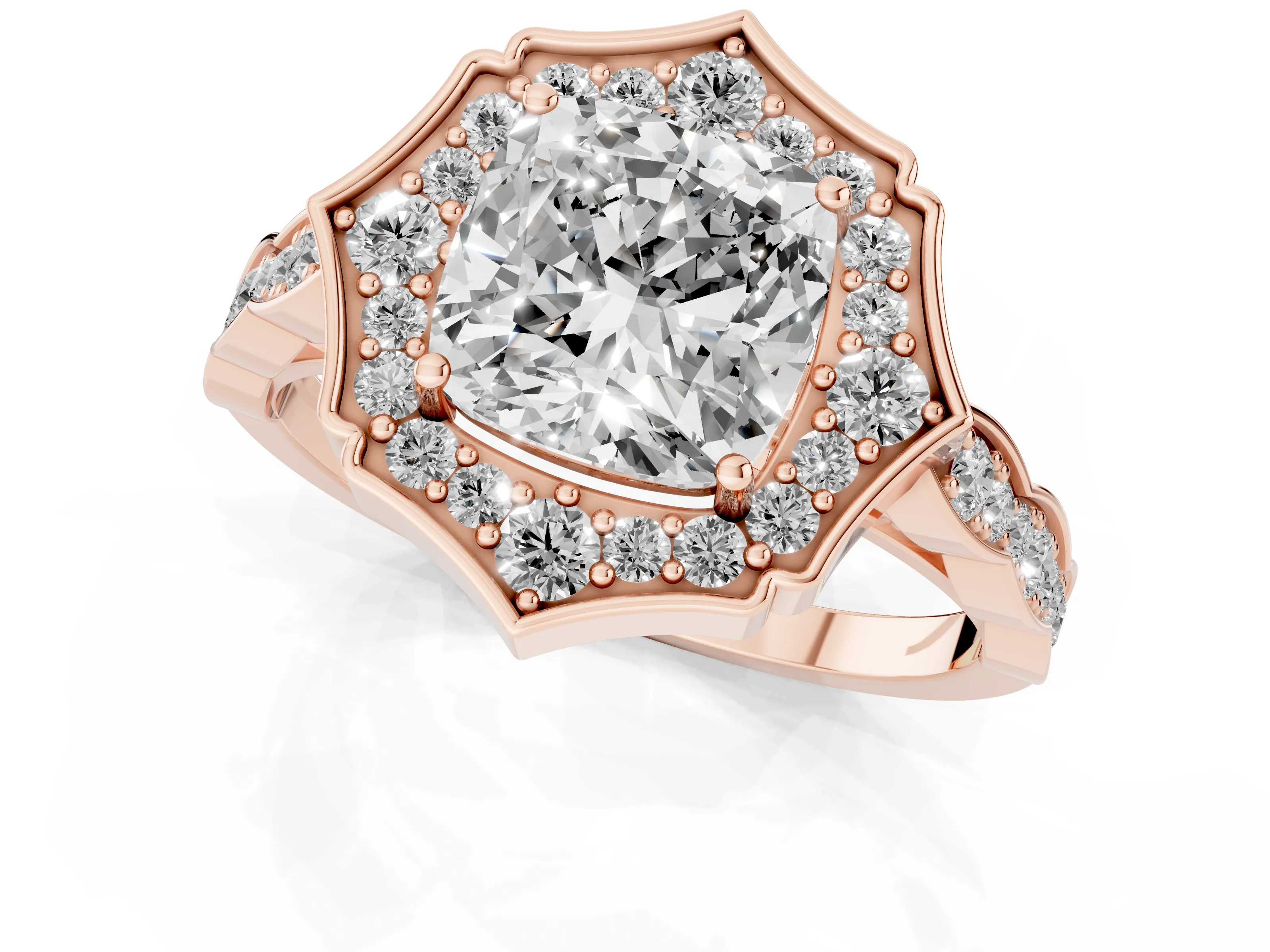 Cushion Cut Diamond Halo Engagement Ring Set in Rose gold with Milgrain Band and Prong Setting
