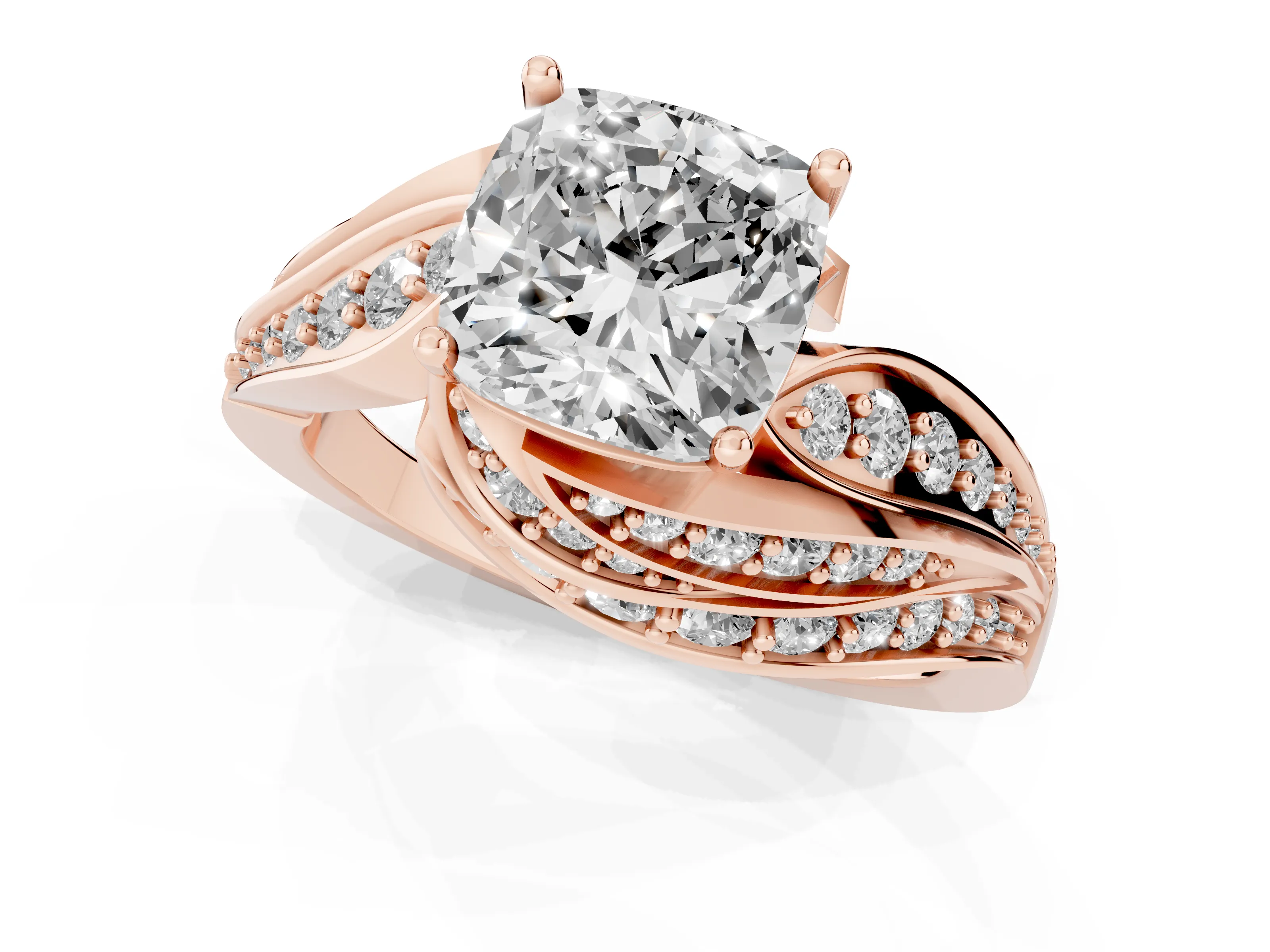 Cushion Cut Diamond Solitaire Ring Set in Rose gold with Layered Twist Pavé Band