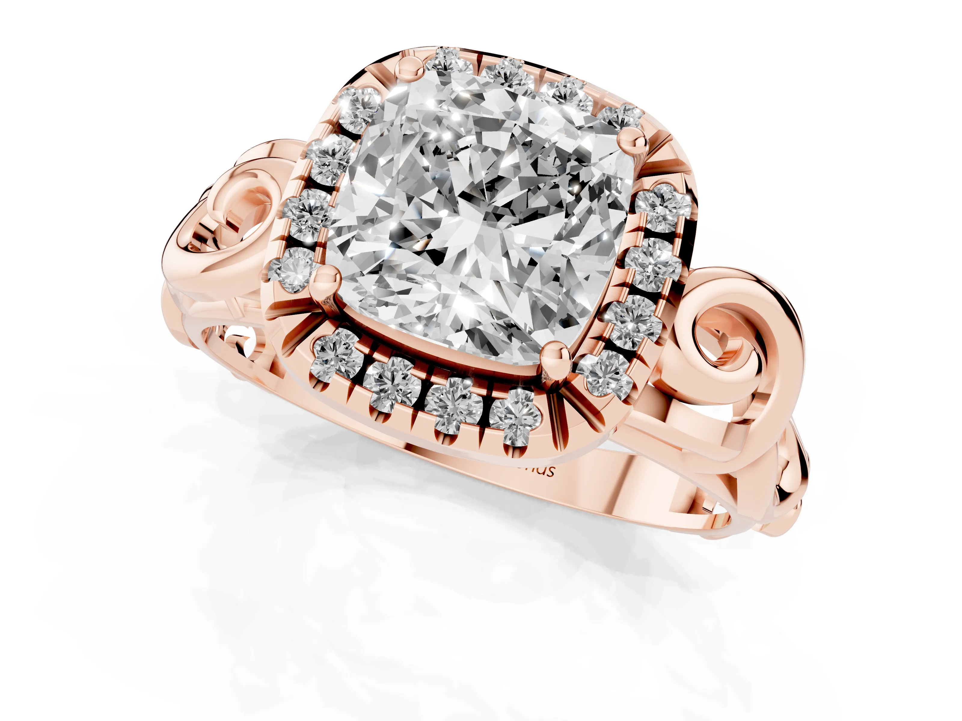 Cushion Cut Diamond Halo Ring Set in Rose gold with Scrollwork Band and Prong Setting
