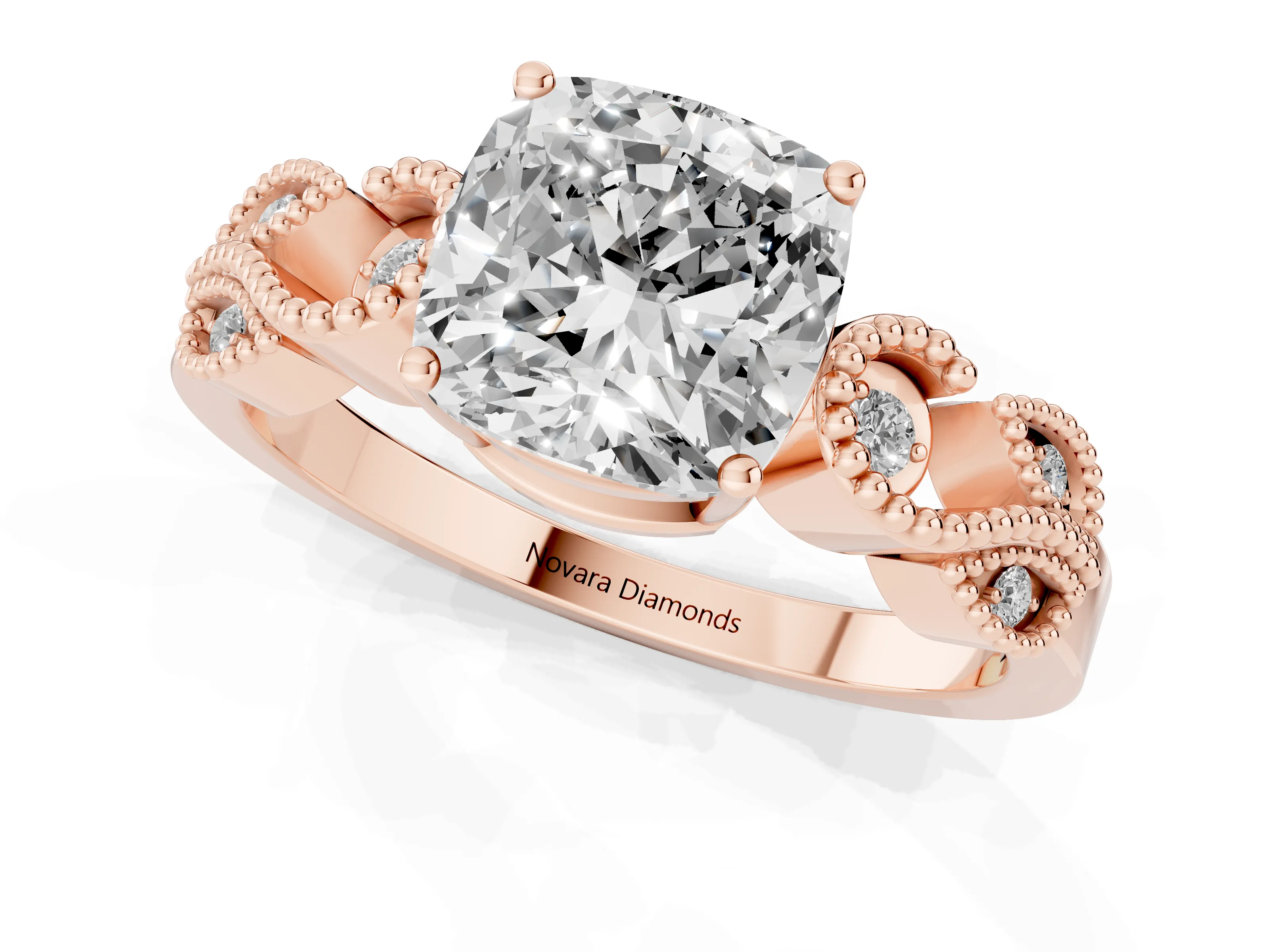 Cushion Cut Diamond Milgrain Leaf Band Solitaire Ring Set in Rose gold with Accent Stones and Prong Setting – second view