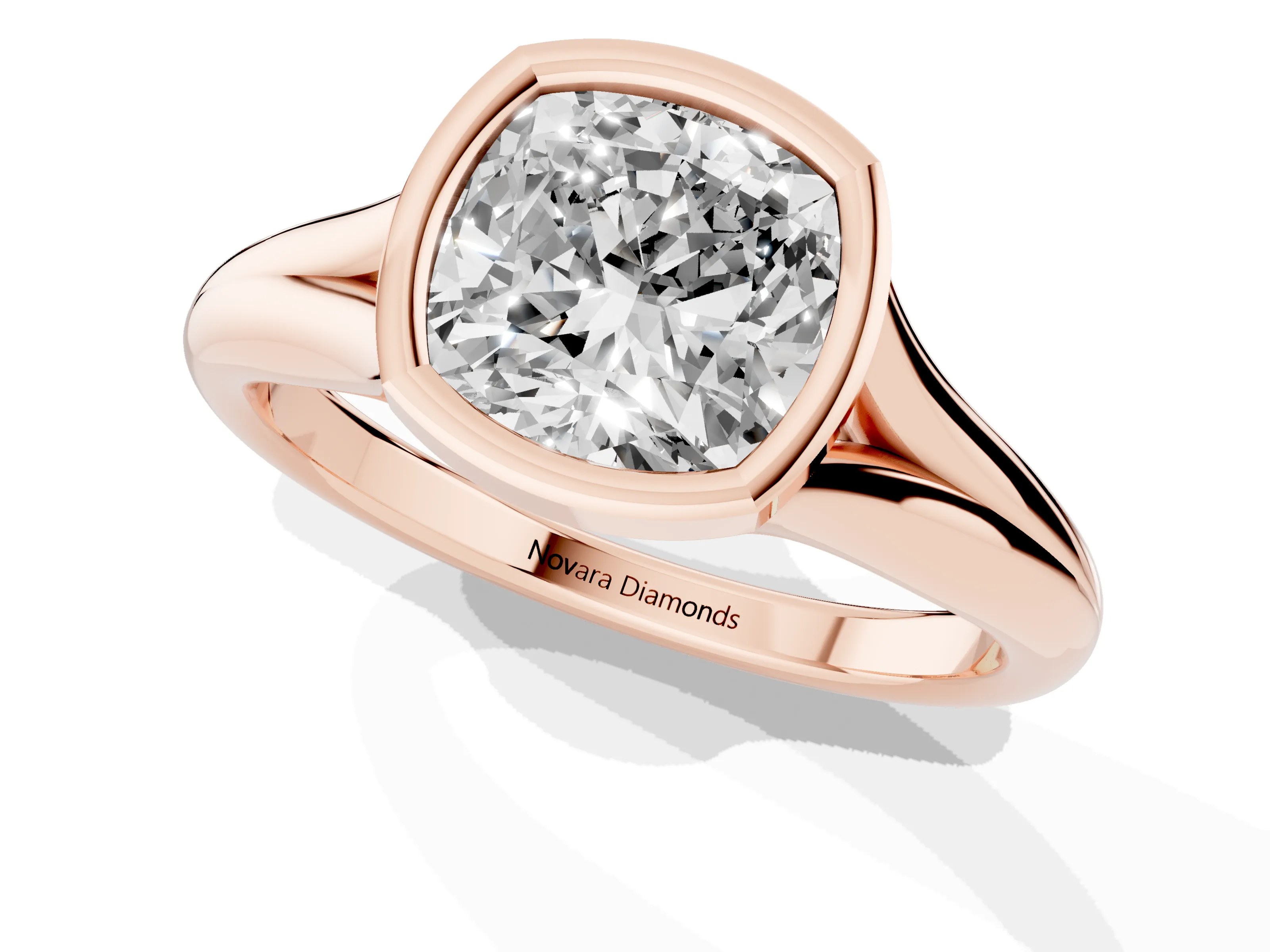 Bezel Set Cushion Cut Diamond Solitaire Ring Set in Rose gold with Smooth Band