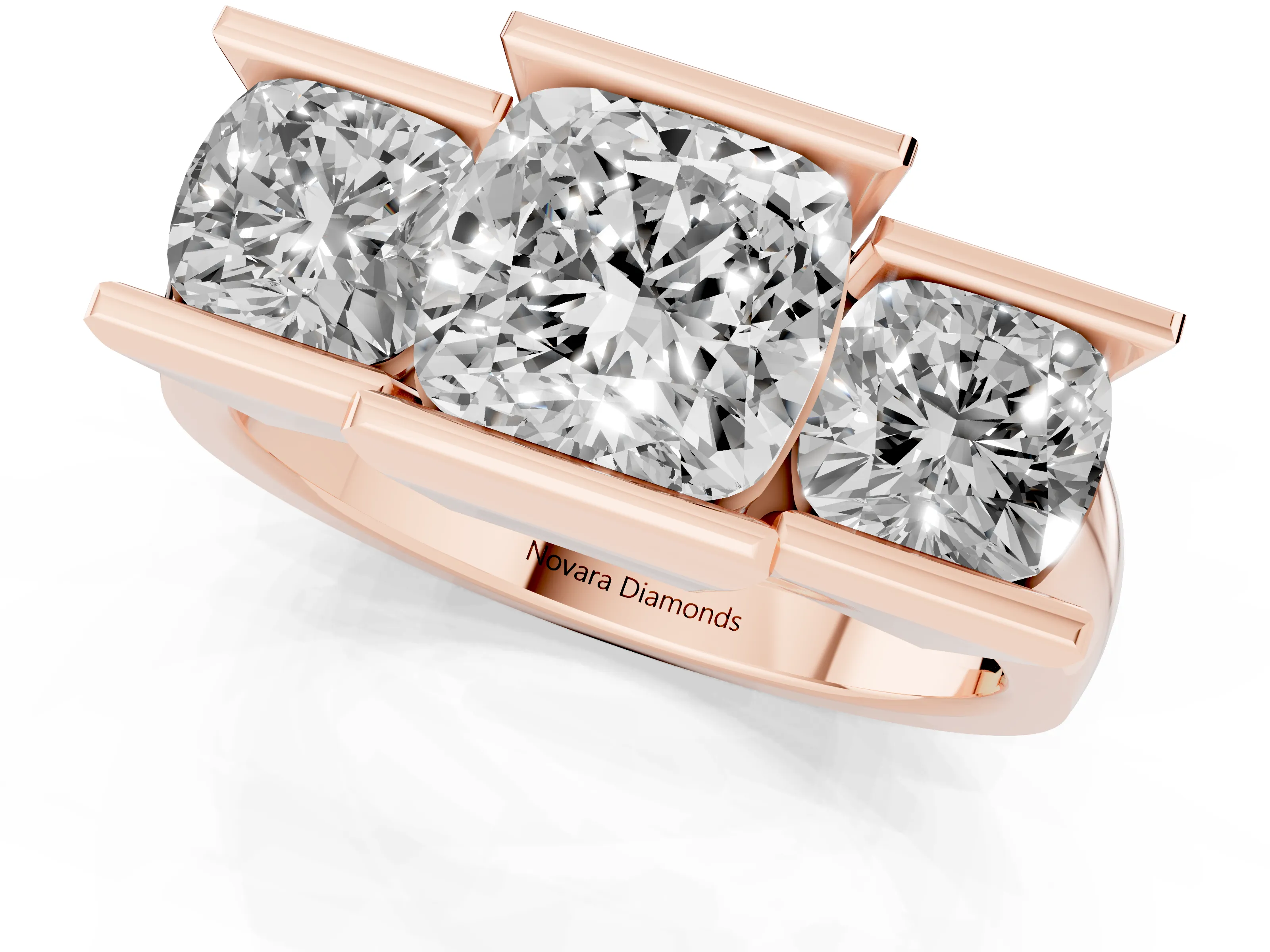 Cushion Cut Diamond Three-Stone Channel Set Ring Set in Rose gold with Smooth Polished Band