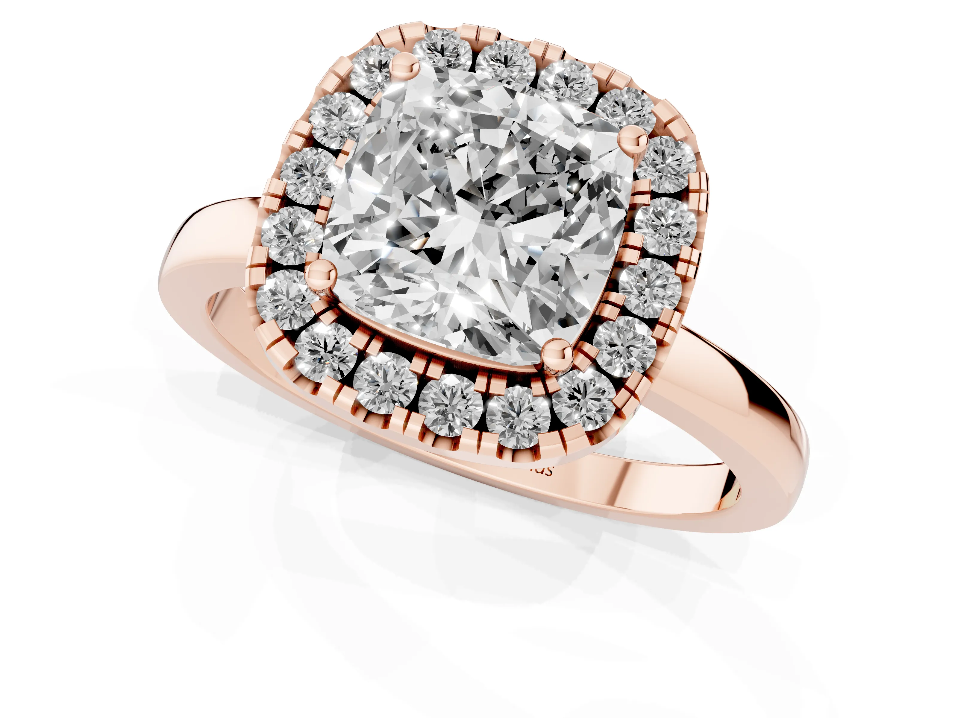 Cushion Cut Diamond Halo Solitaire Ring Set in Rose gold with Pavé Band and Prong Setting