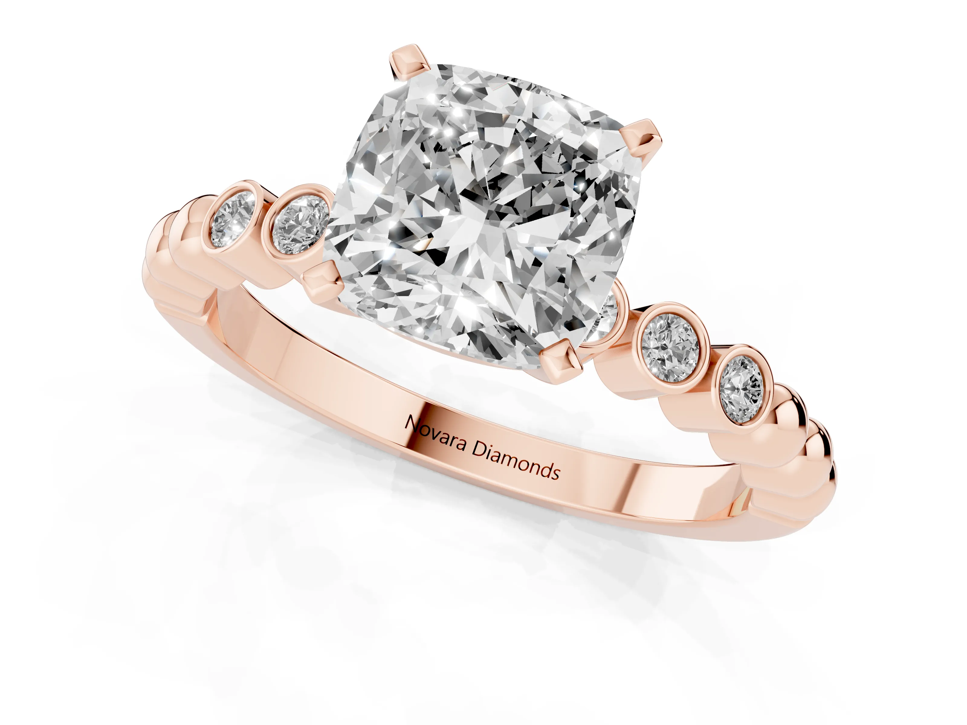 Cushion Cut Diamond Solitaire Engagement Ring Set in Rose gold with Bezel Accents on Beaded Band – second view
