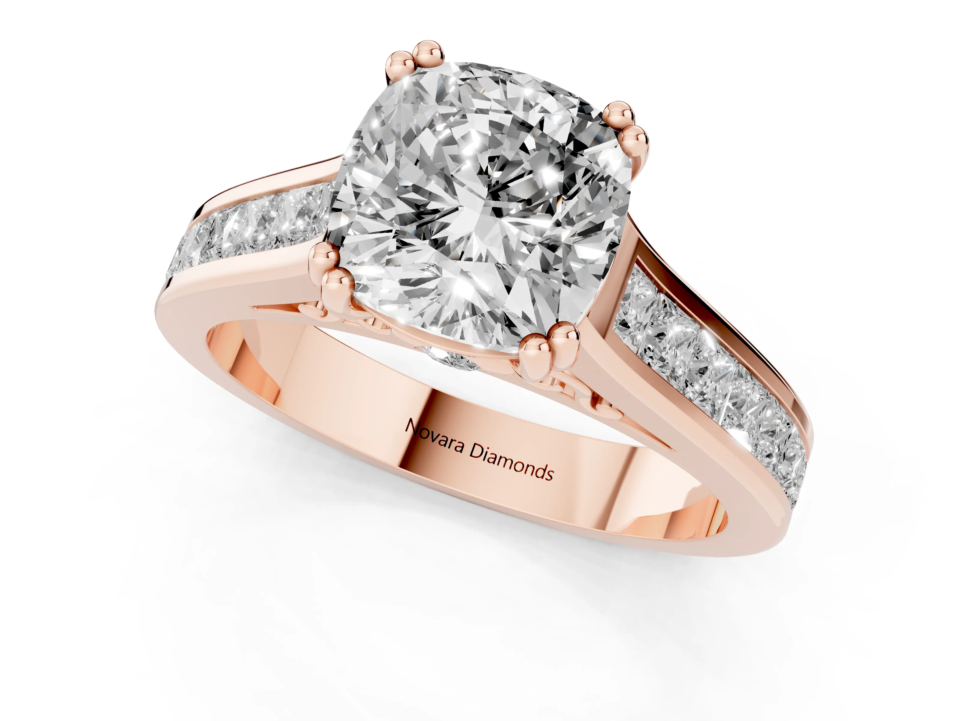 Cushion Cut Diamond Channel Set Solitaire Engagement Ring Set in Rose gold with Prong Setting