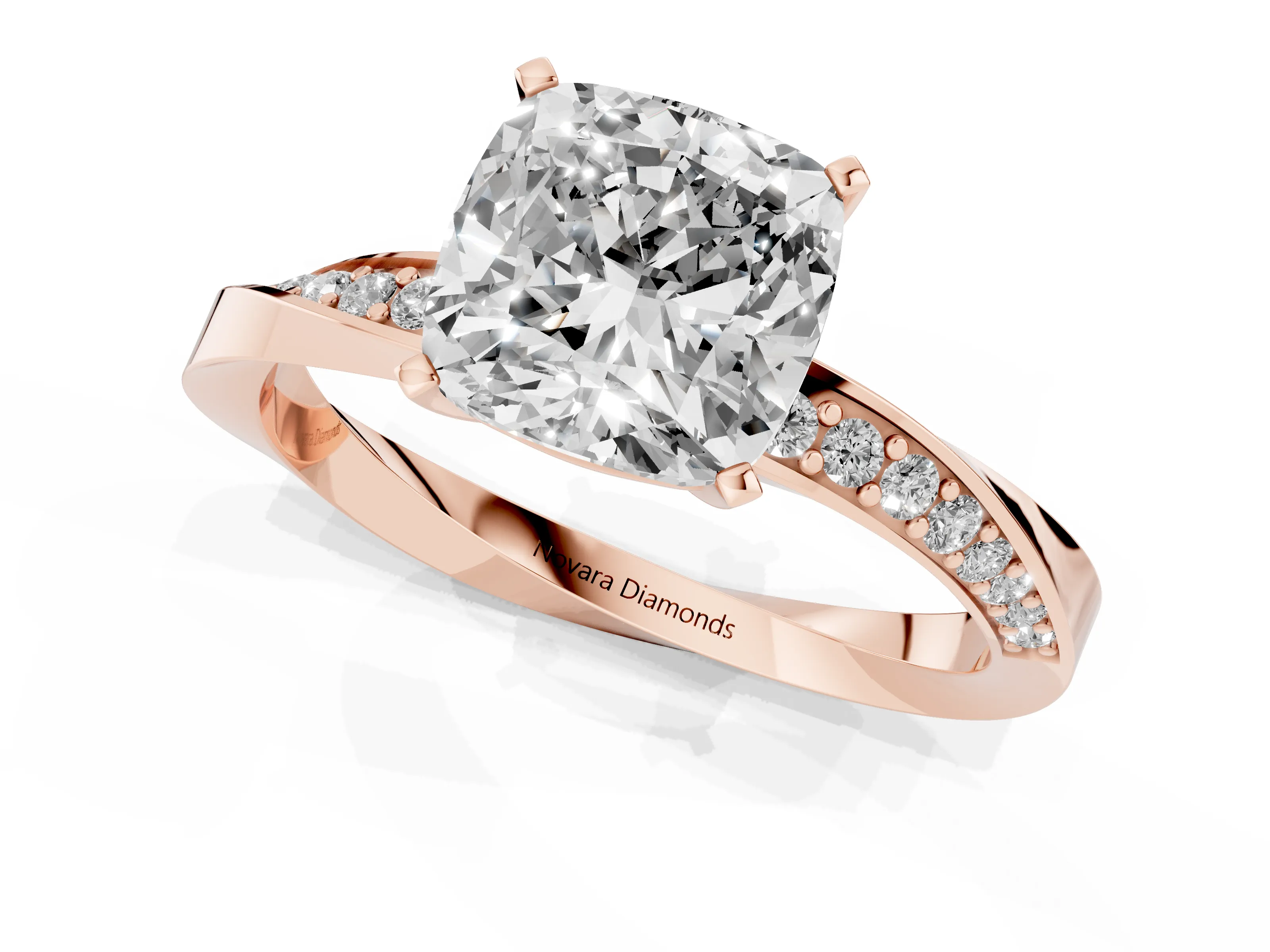 Cushion Cut Diamond Engagement Ring Set in Rose gold with Side Stone Accents and Prong Setting