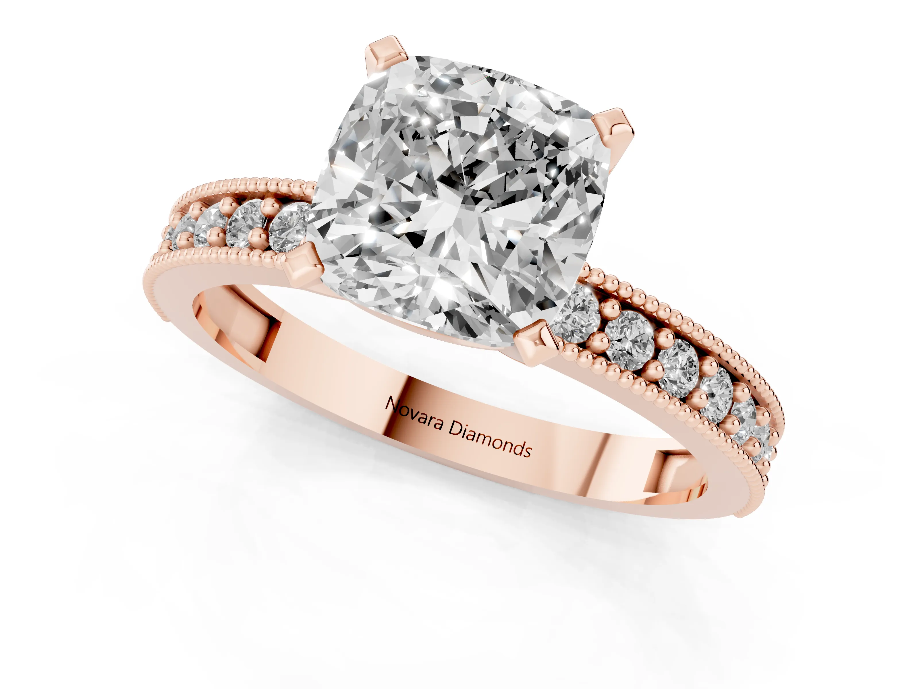 Cushion Cut Diamond Milgrain Pavé Engagement Ring Set in Rose gold with Prong Setting