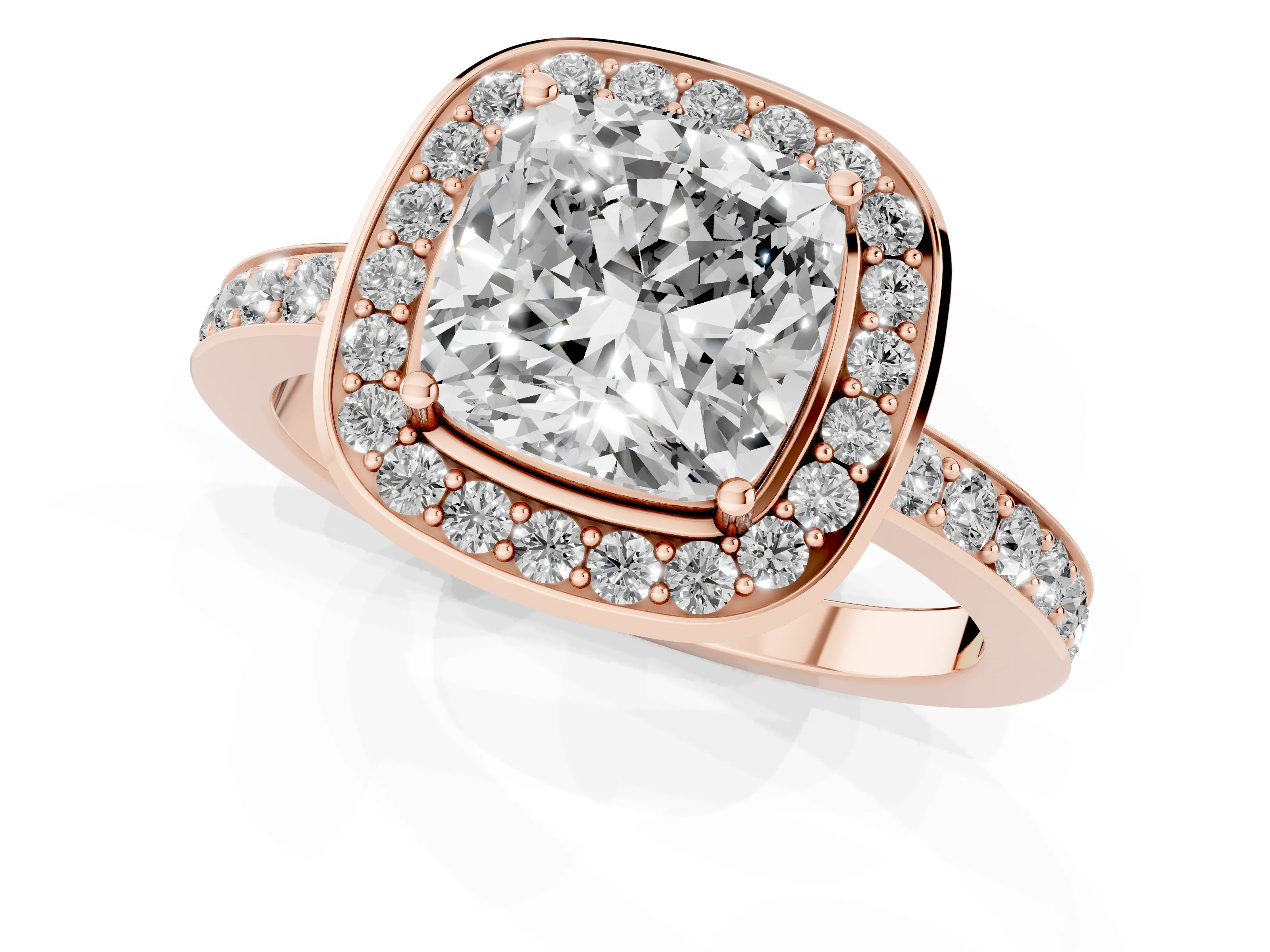 Cushion Cut Diamond Halo Ring Set in Rose gold with Bezel Frame and Pavé Band – second view