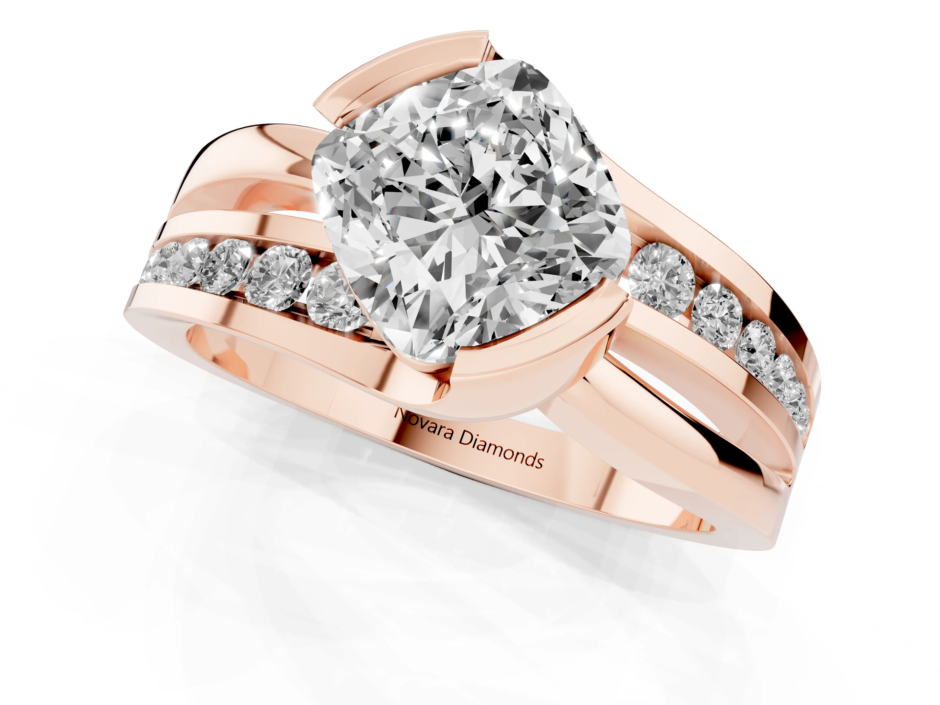 Cushion Cut Diamond Solitaire Ring Set in Rose gold with Channel Set Split Shank and Tension Prongs