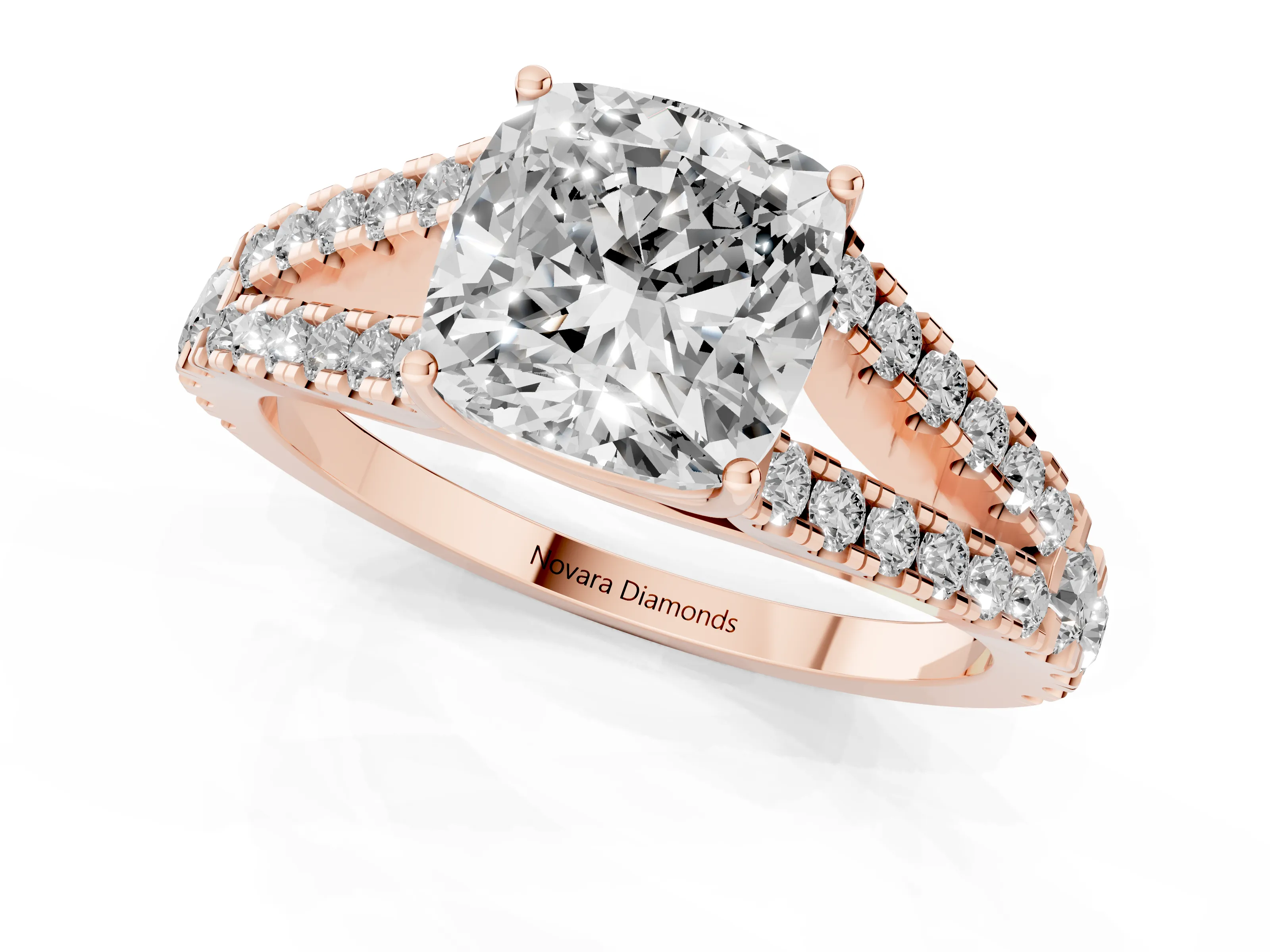 Cushion Cut Diamond Split Shank Pavé Engagement Ring Set in Rose gold with Prong-Held Center Stone