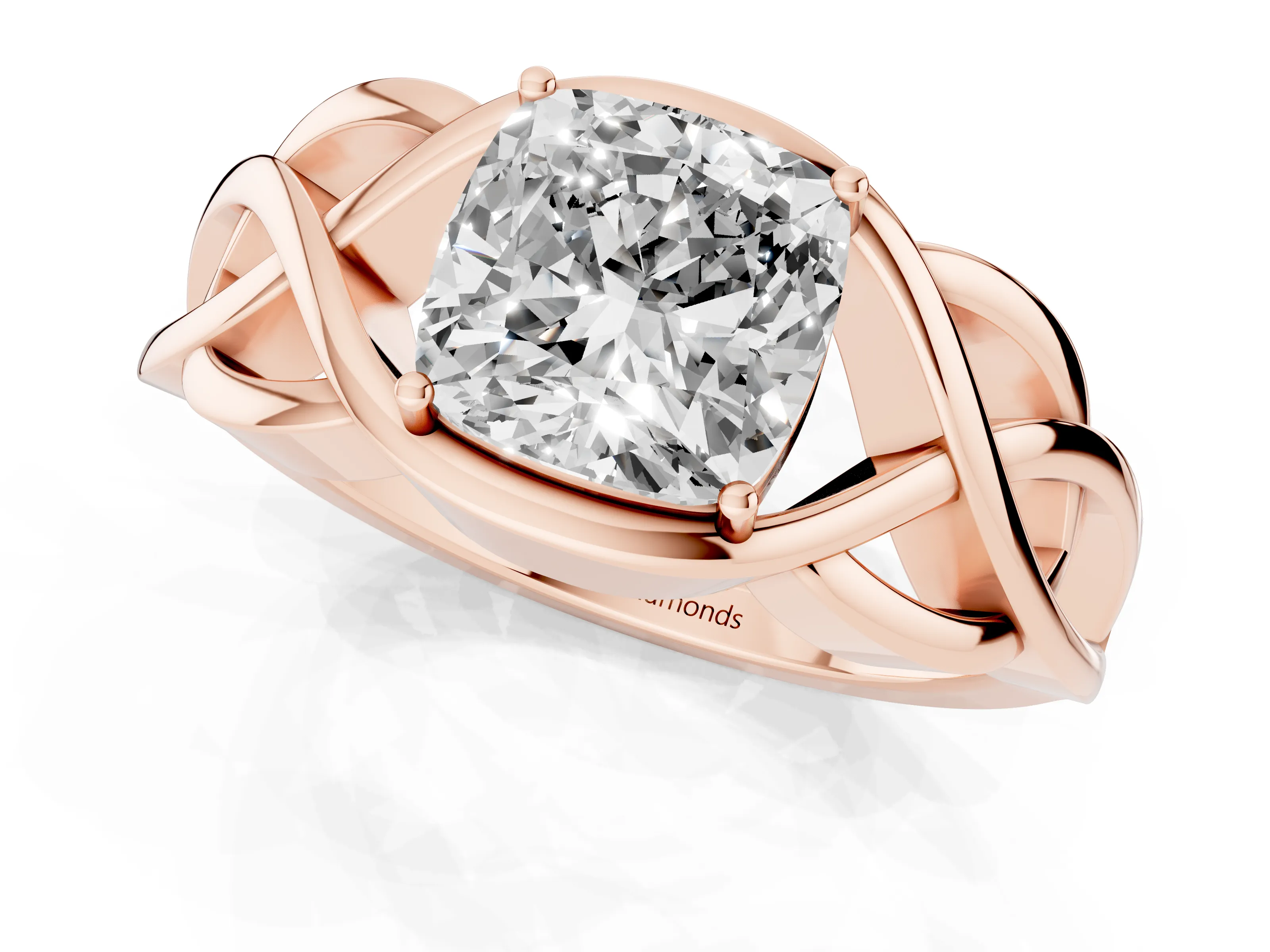 Cushion Cut Diamond Solitaire Ring Set in Rose gold with Intertwined Band – second view