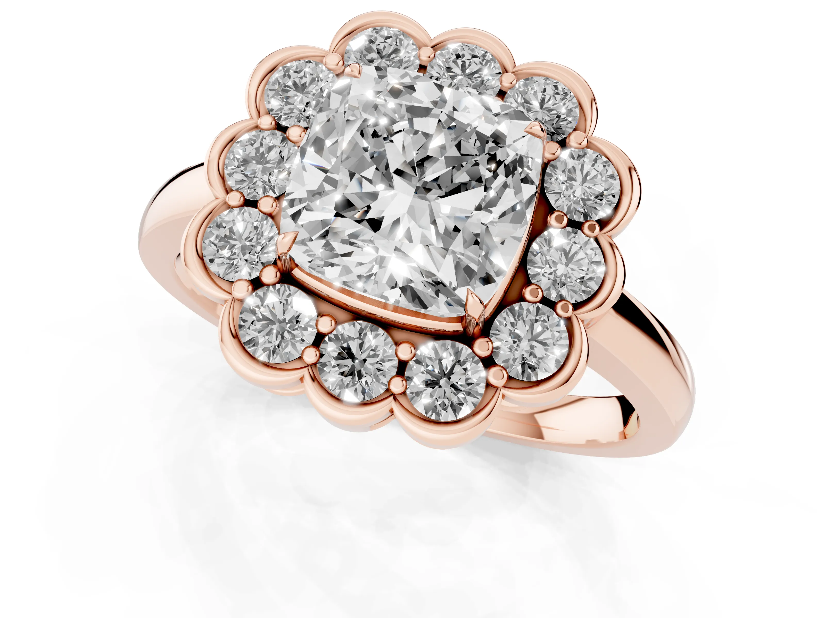 Cushion Cut Diamond Halo Cluster Engagement Ring Set in Rose gold with Solitaire Band and Prong Setting – second view