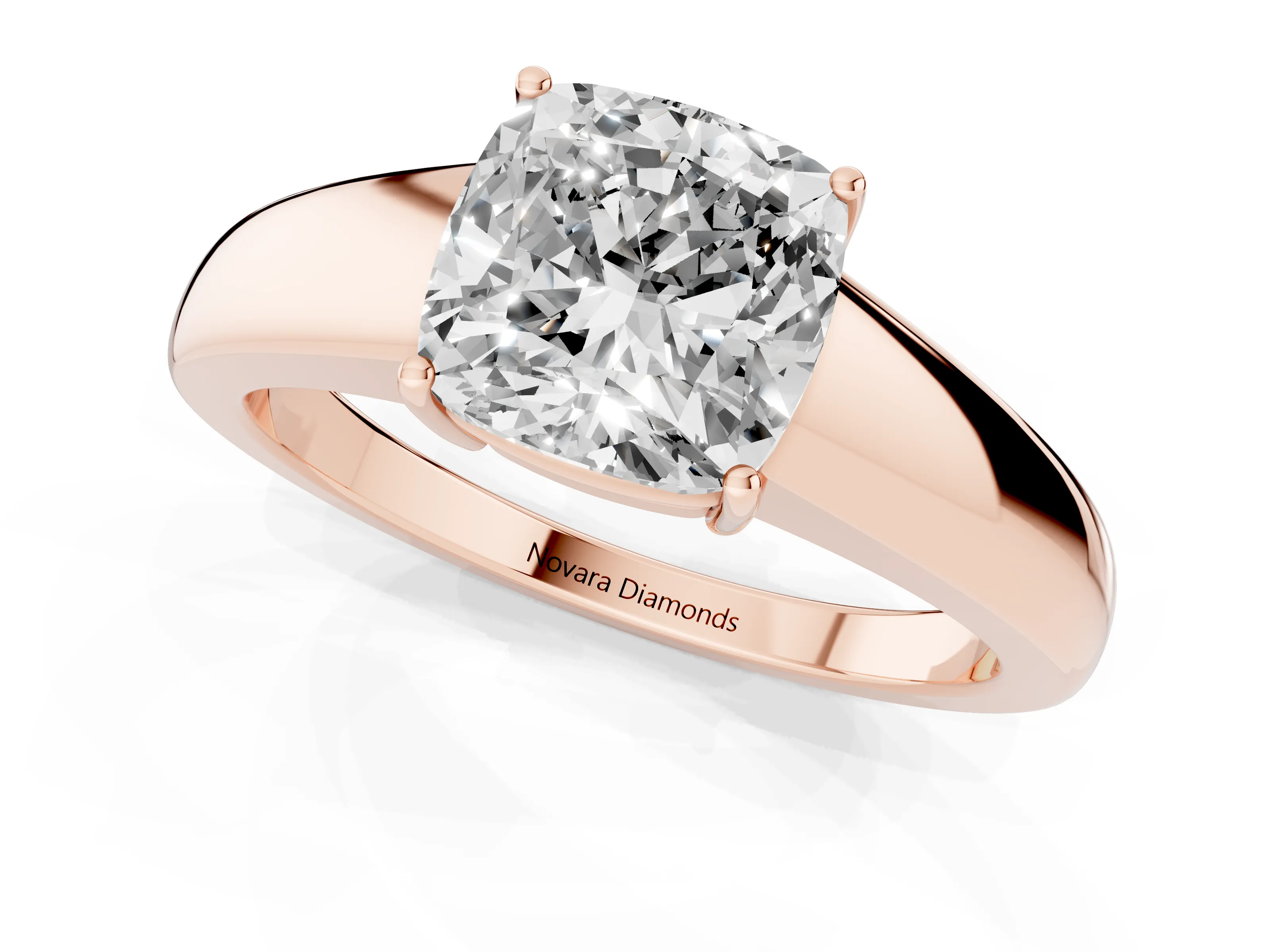 Cushion Cut Diamond Solitaire Ring Set in Rose gold with Tapered Band and Prong Setting