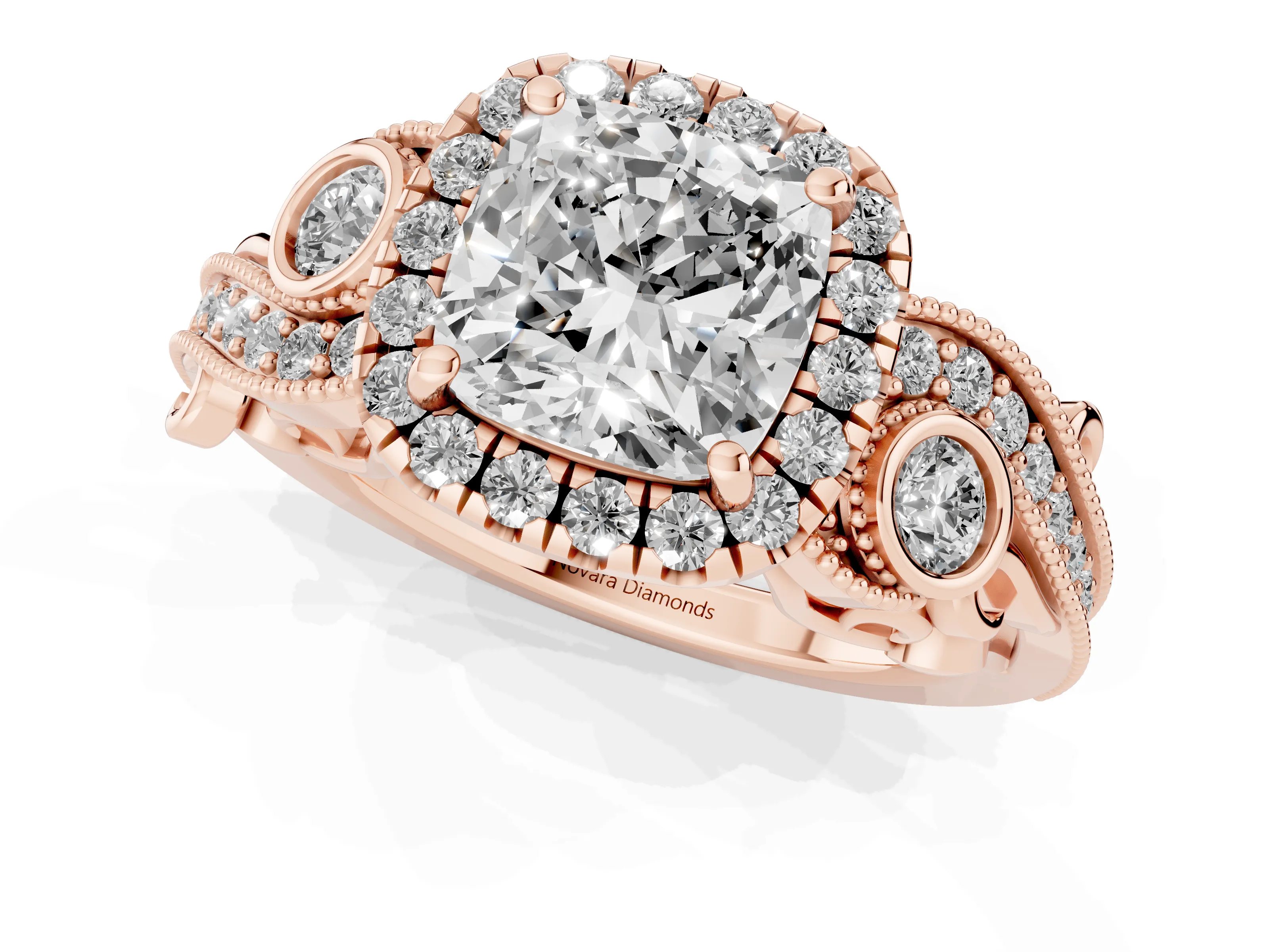 Cushion Cut Diamond Halo Ring Set in Rose gold with Milgrain Pavé Band and Prong Setting