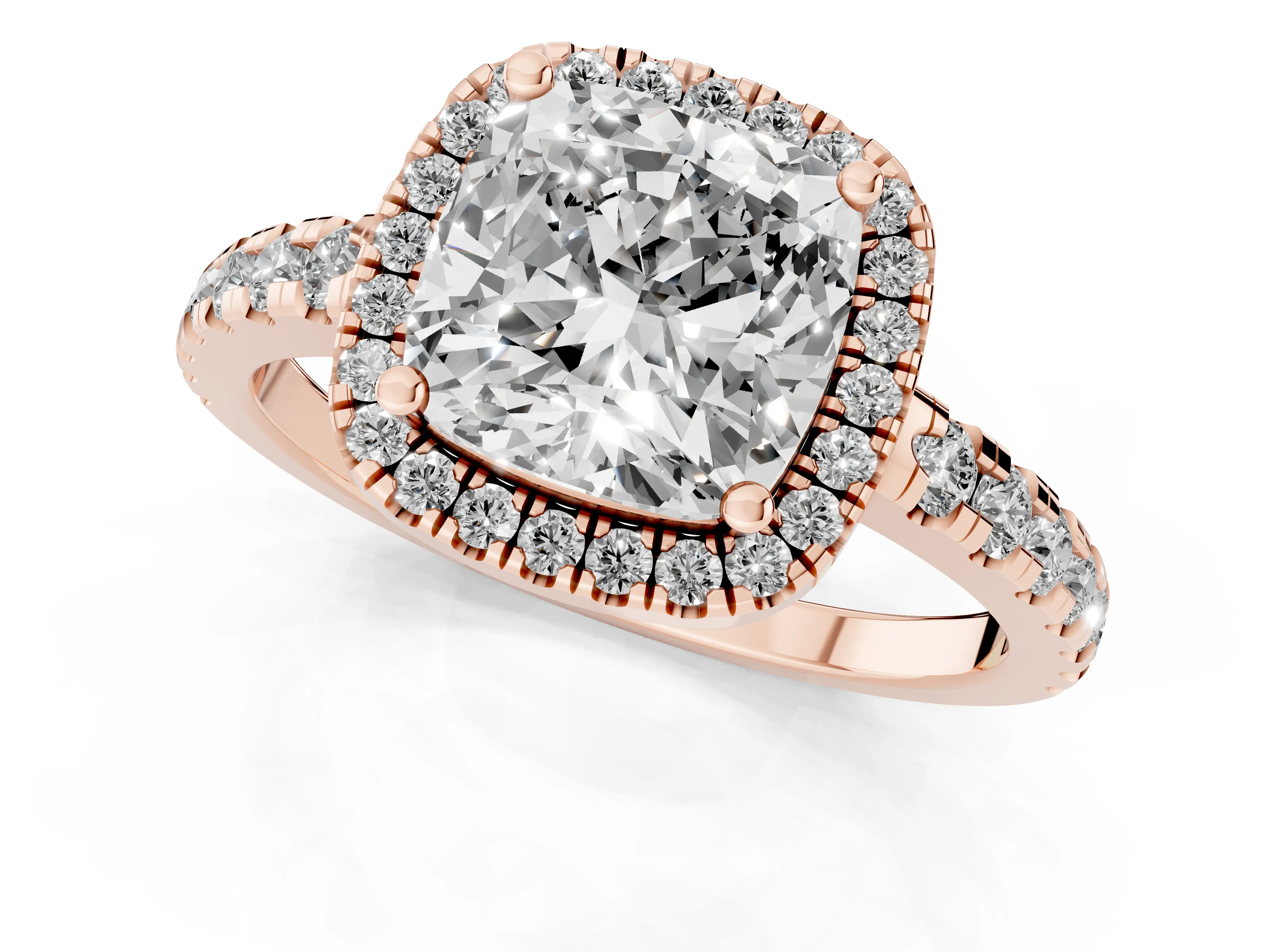 Cushion Cut Diamond Halo Ring Set in Rose gold with Delicate Pavé Band and Prong Setting