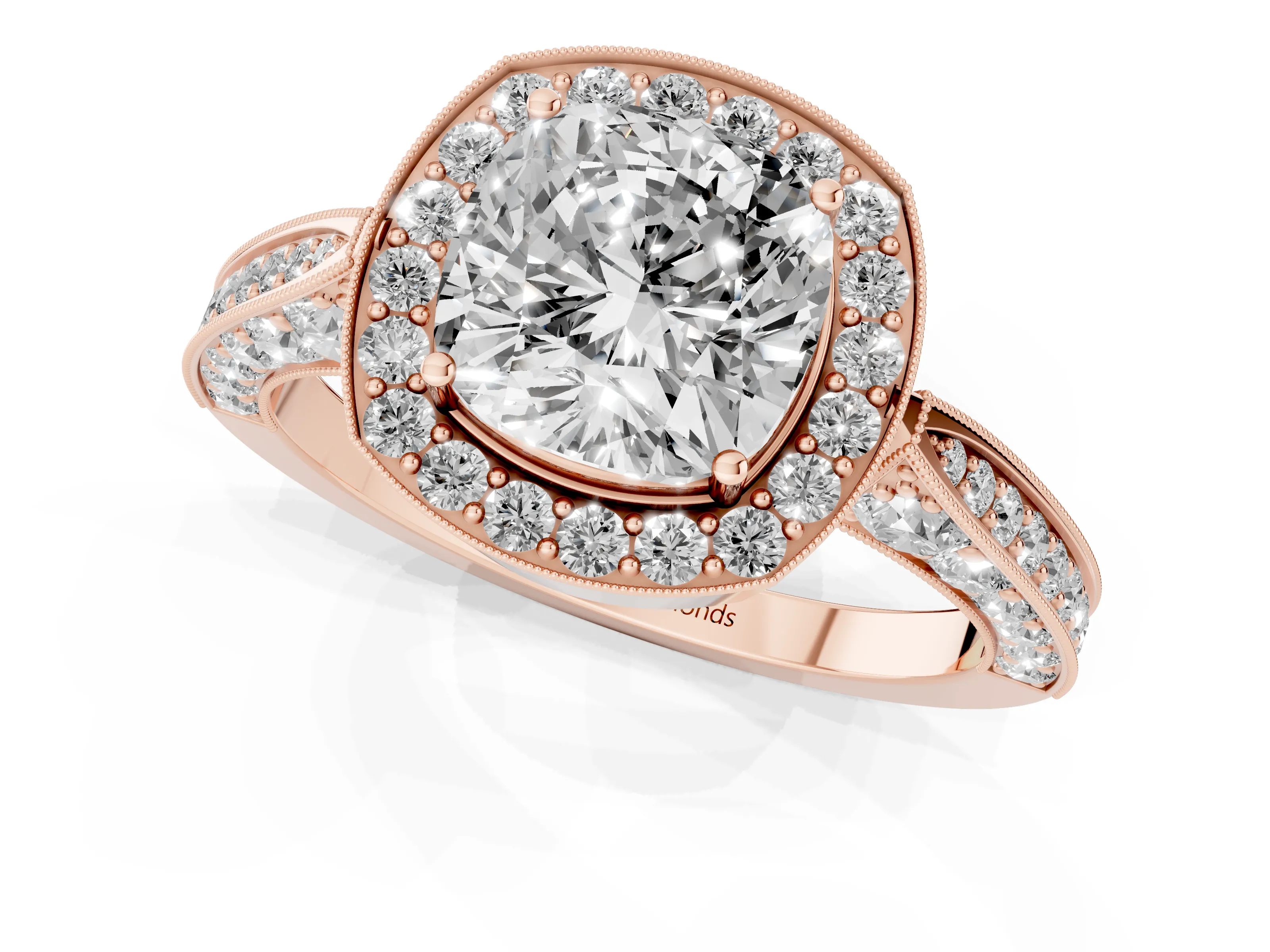 Cushion Cut Diamond Halo Engagement Ring Set in Rose gold with Accent Split Shank Band
