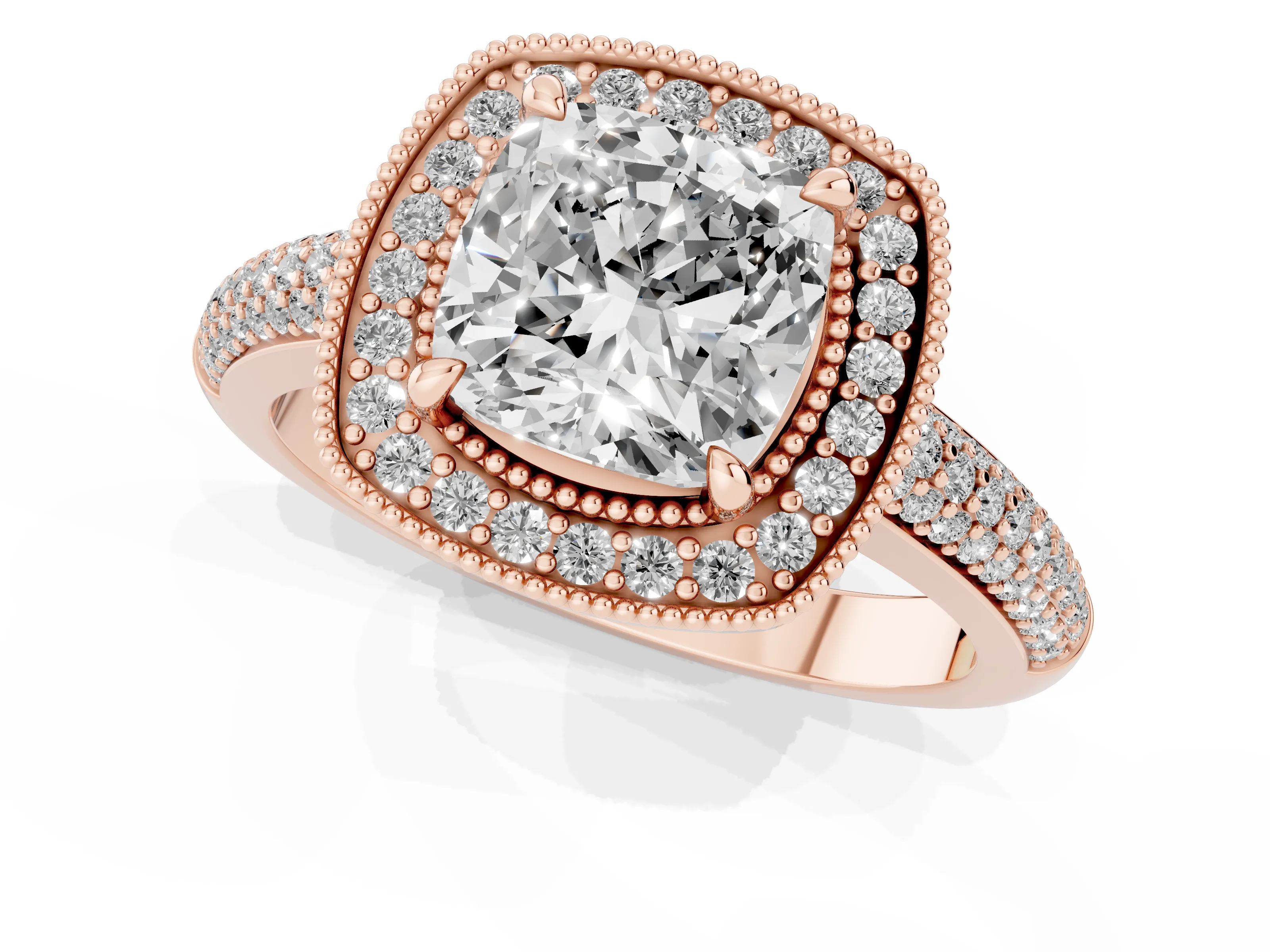 Cushion Cut Diamond Halo Pavé Band Set in Rose gold with Prong Setting