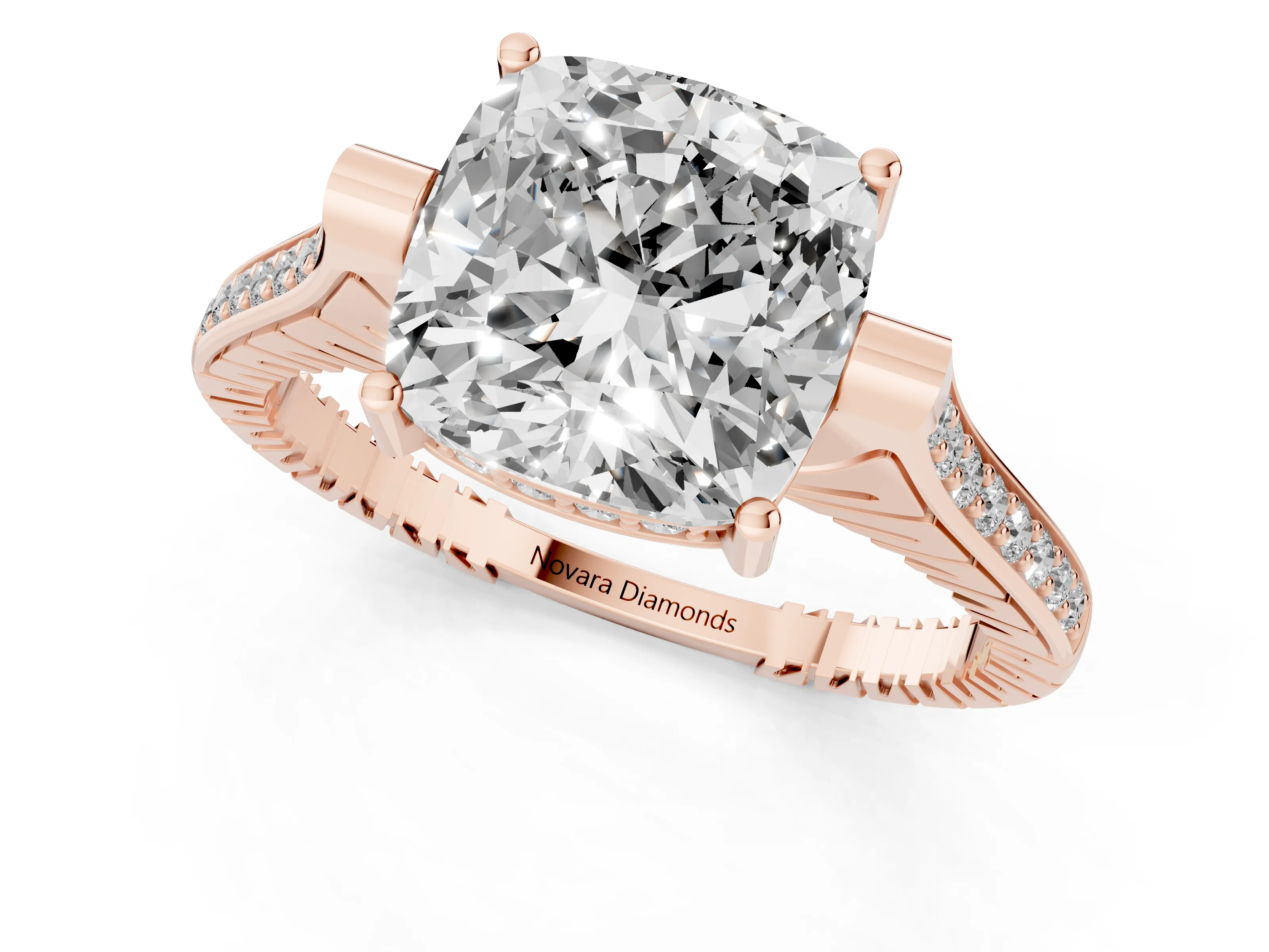 Cushion Cut Diamond Solitaire Ring Set in Rose gold with Channel Set Band and Bezel Prong Setting