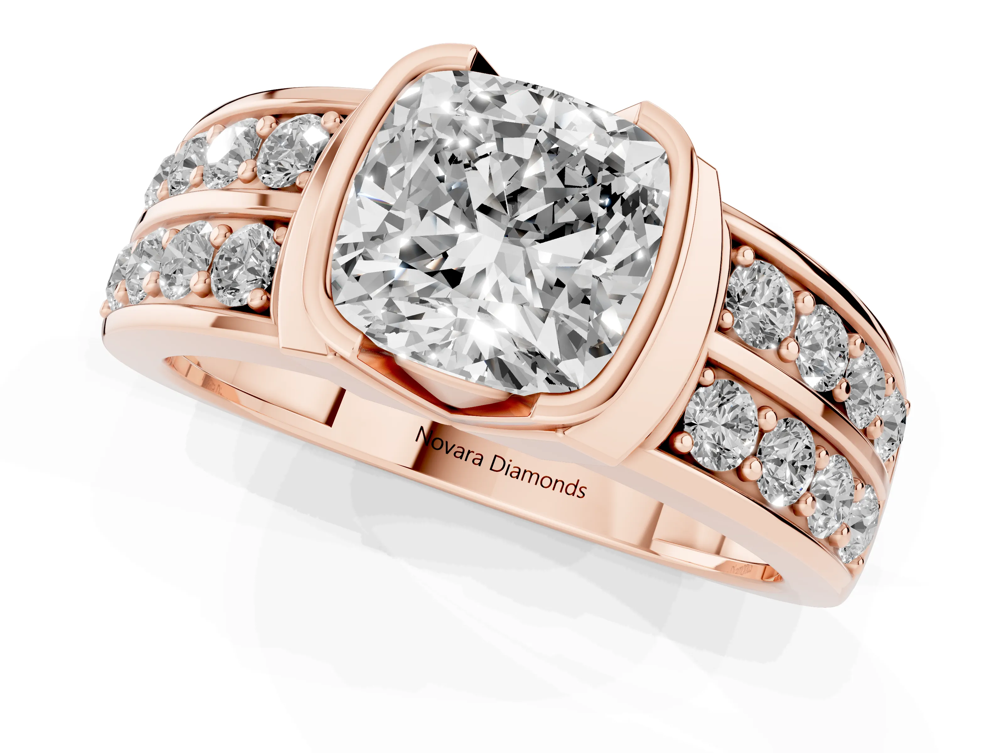 Cushion Cut Diamond Wide Channel Set Band Ring Set in Rose gold with Bezel Setting