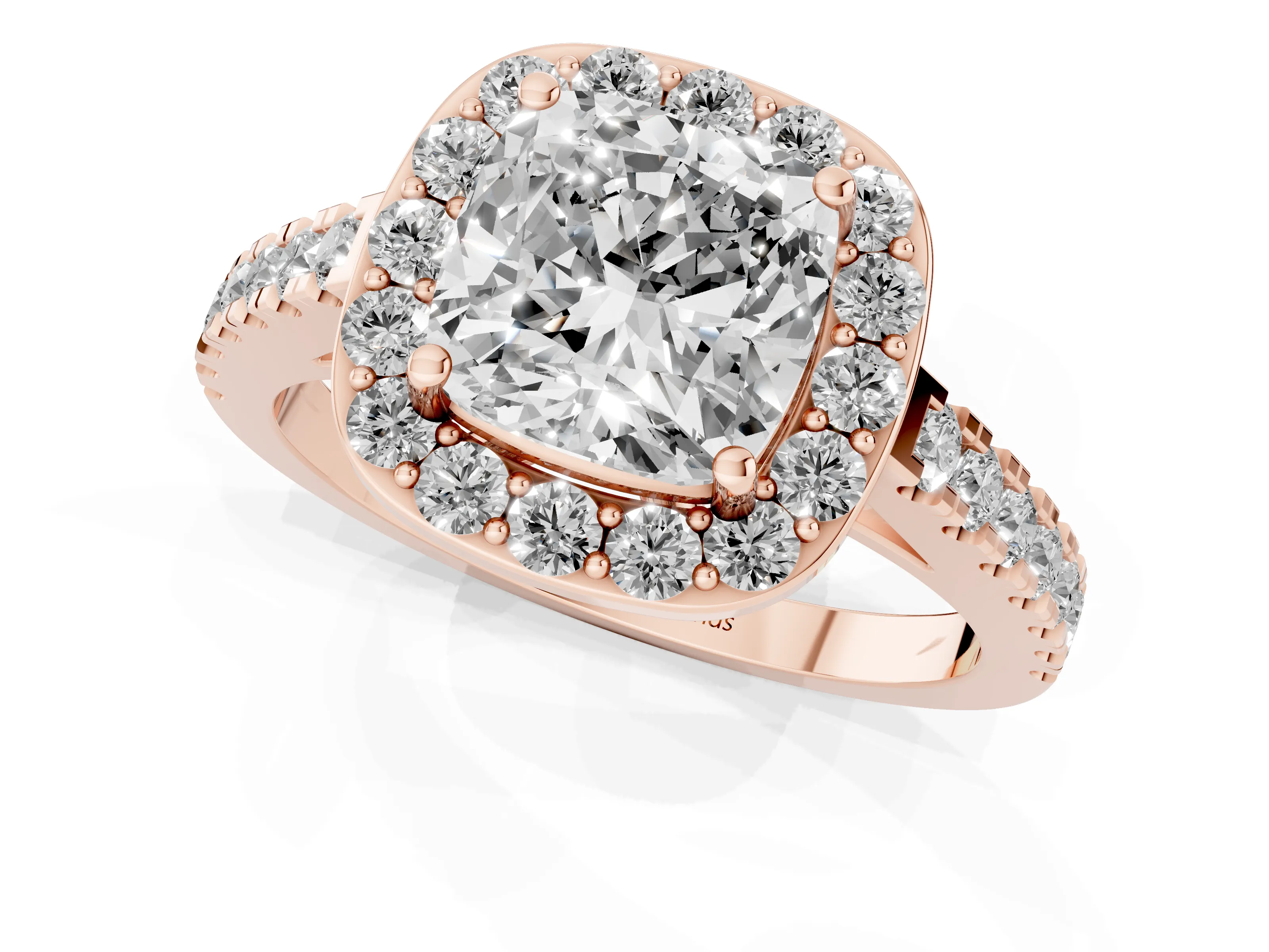 Cushion Cut Diamond Halo Ring Set in Rose gold with Round Pavé Split Shank and Prong Setting