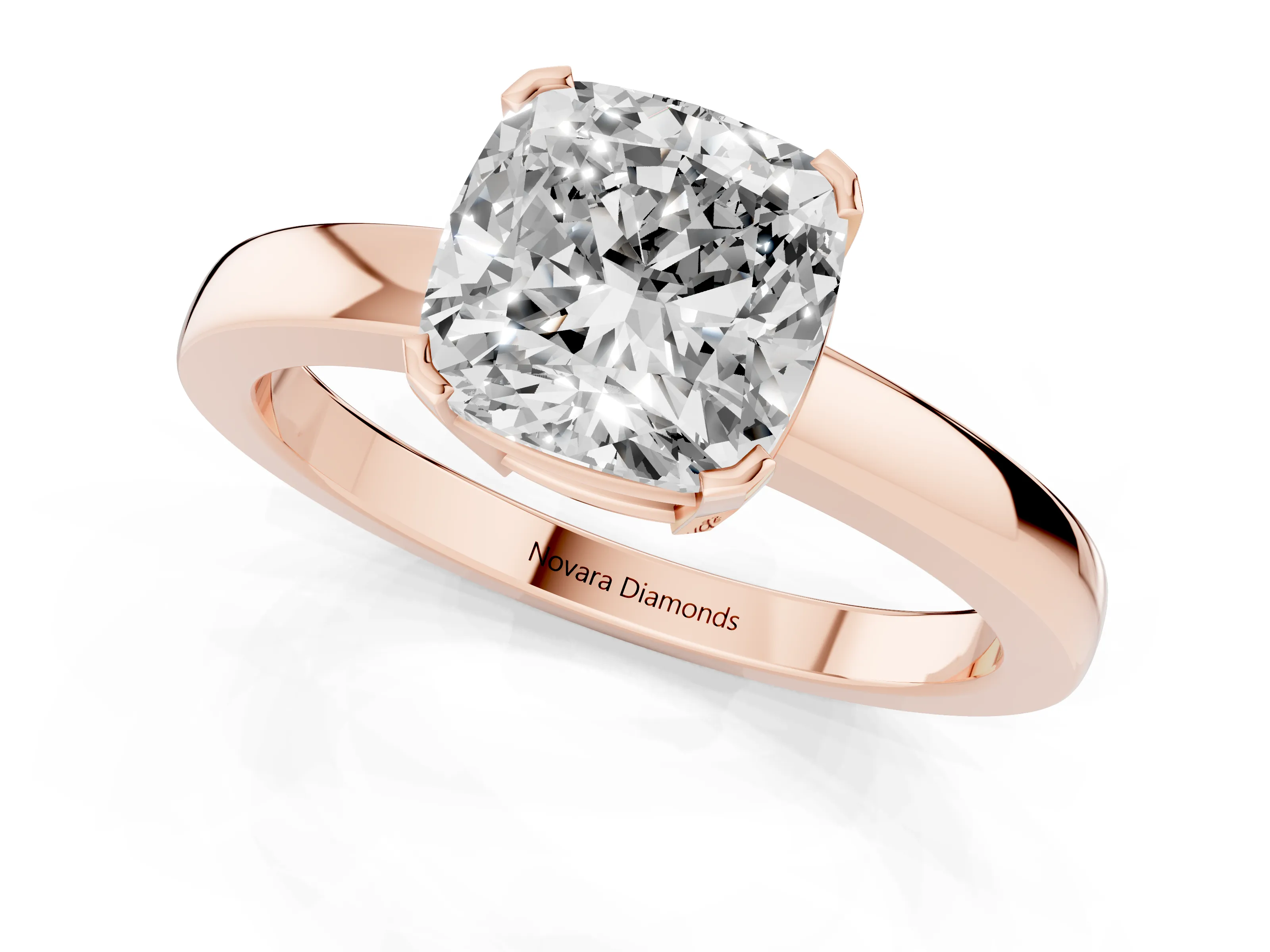Cushion Cut Diamond Solitaire Ring Set in Rose gold with Prong Head and Smooth Polished Band
