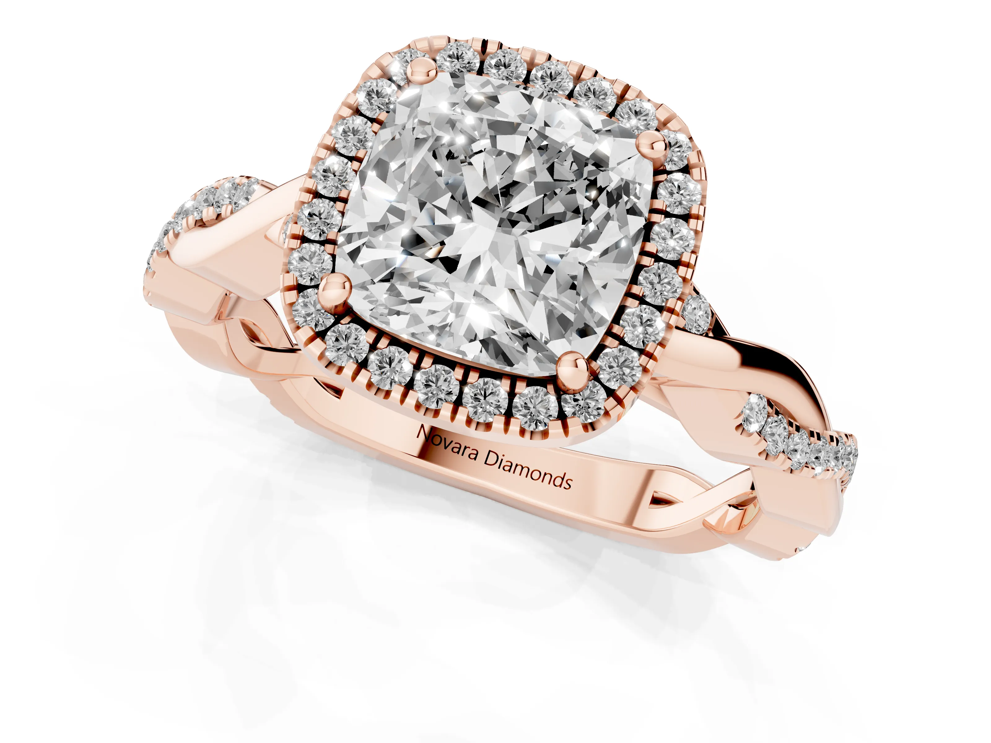 Cushion Cut Twisted Halo Engagement Ring Setting | Pavé and Plain Strands | Rose Gold