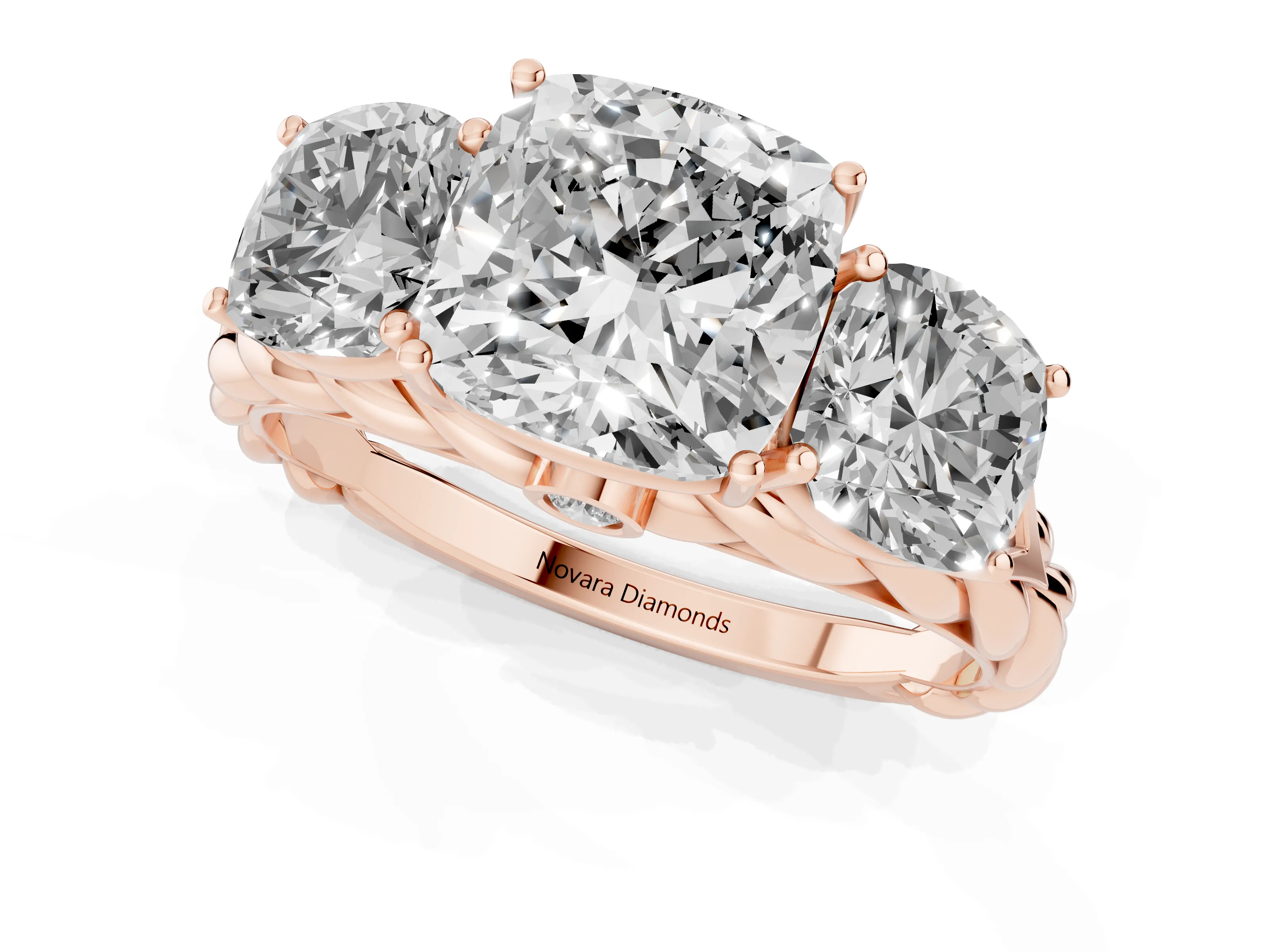 Cushion Cut Diamond Three-Stone Ring Set in Rose gold with Braided Band