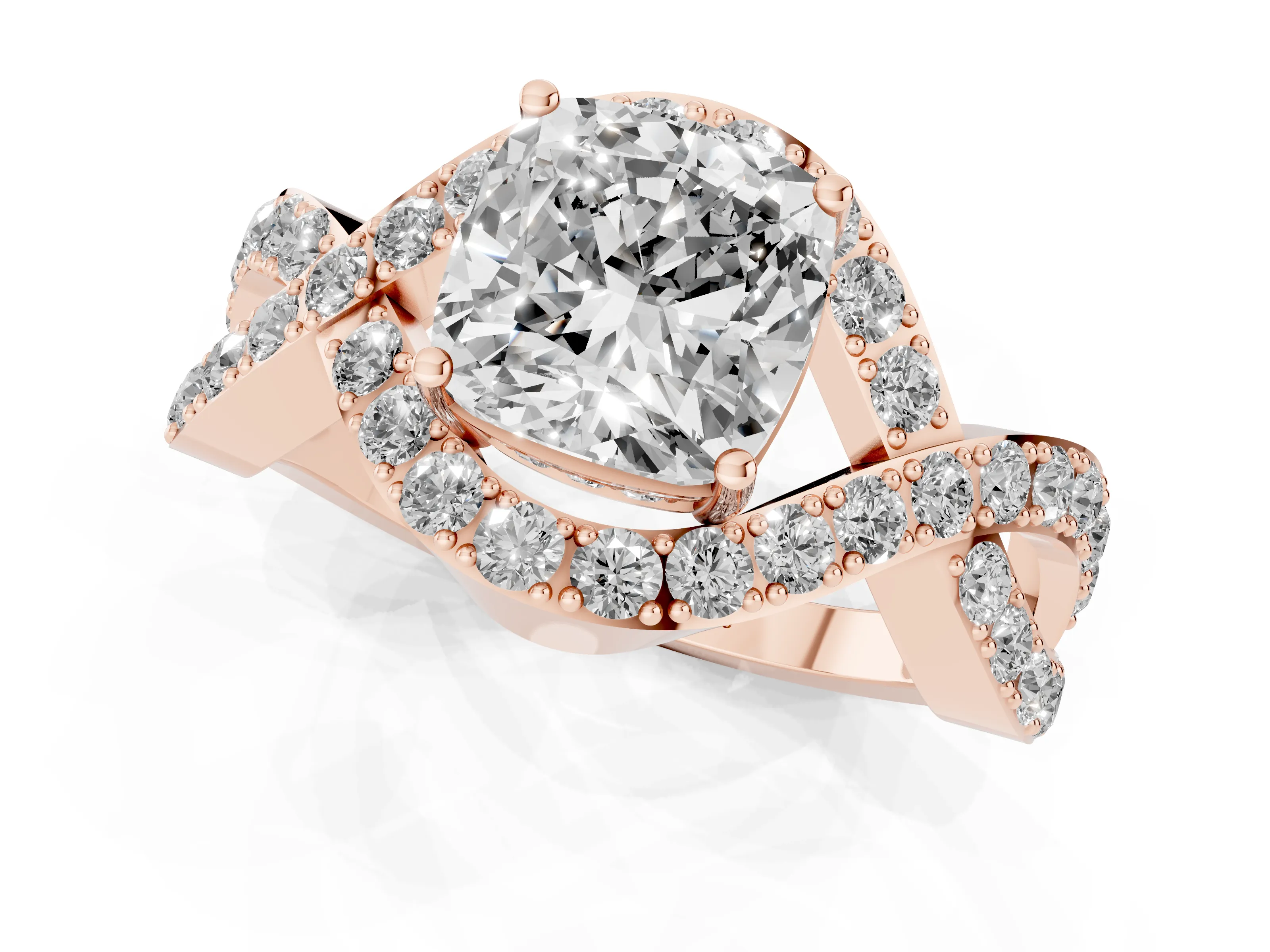 Cushion Cut Diamond Solitaire Twist Band Pavé Engagement Ring Set in Rose gold