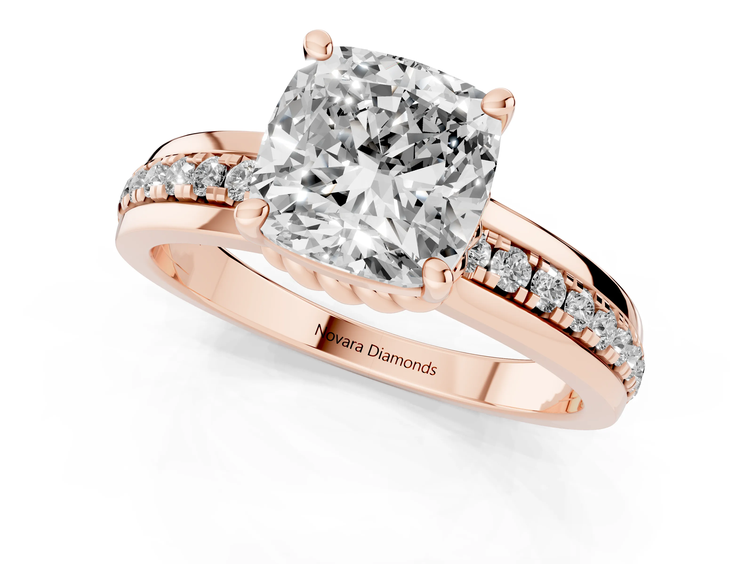Cushion Cut Diamond Solitaire Ring Set in Rose gold with Channel Set Band and Prong Setting