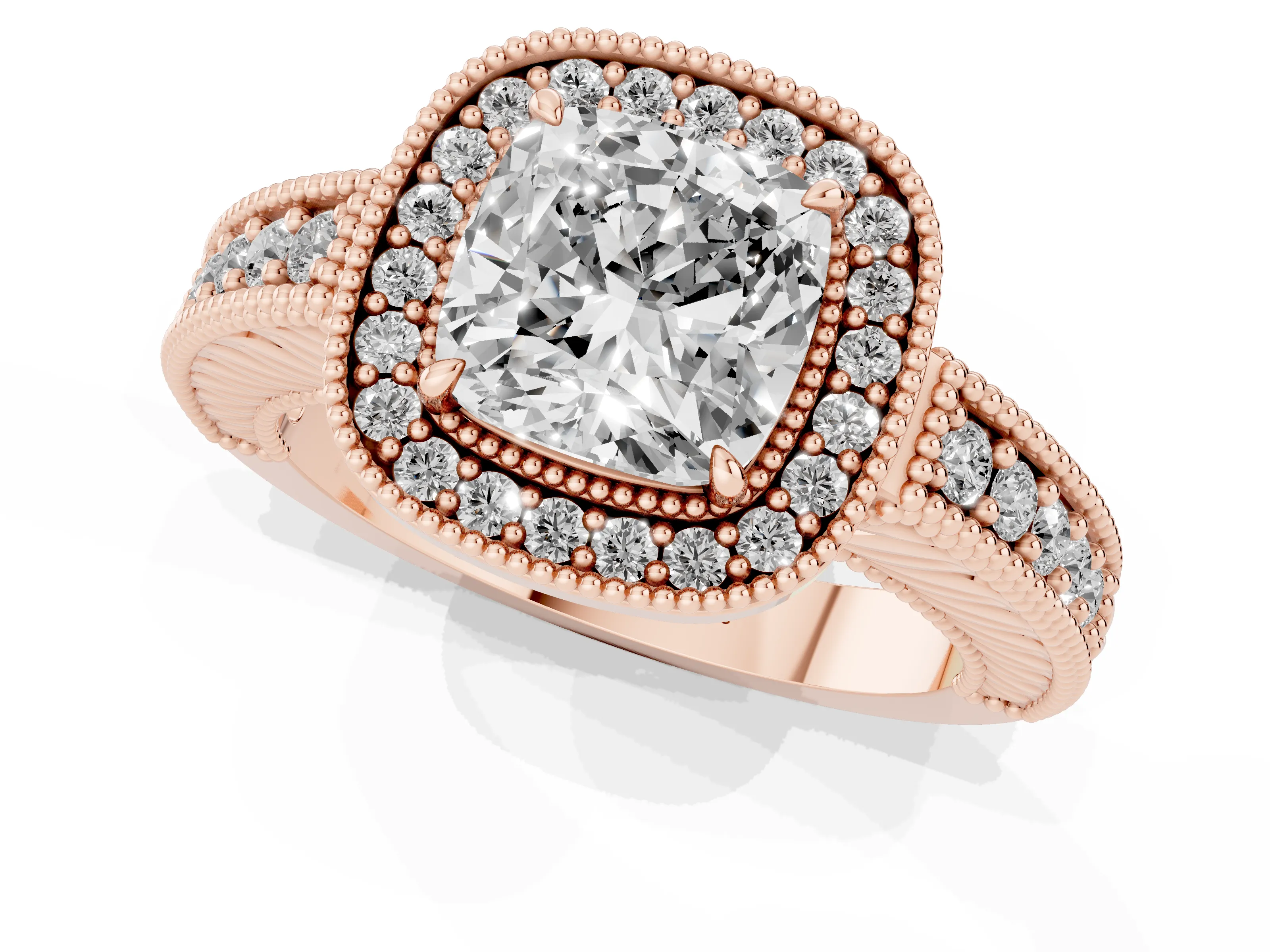 Cushion Cut Diamond Halo Ring Set in Rose gold with Round Accent Halo, Pavé Band and Prong Setting