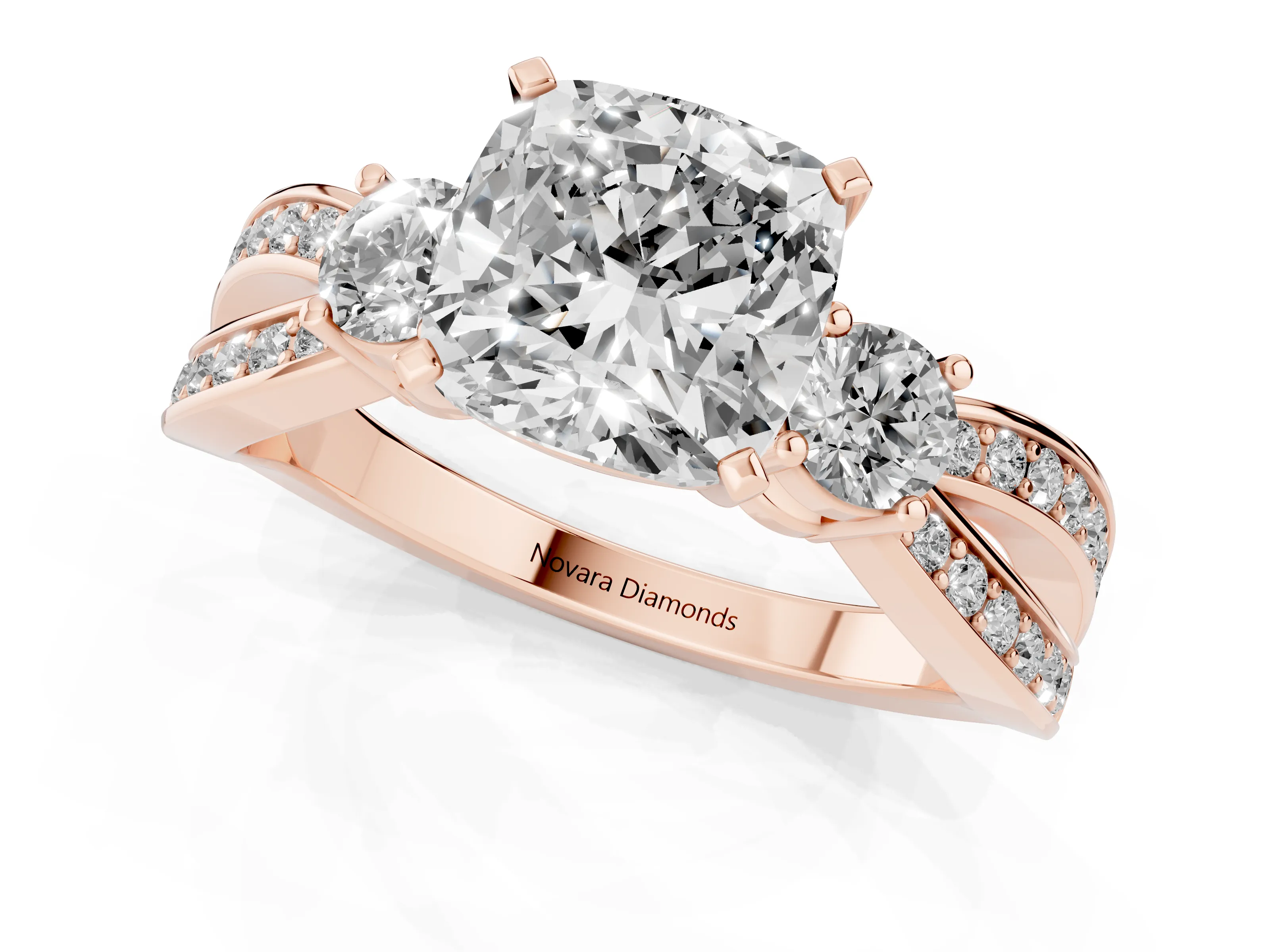 Three-Stone Cushion Cut Diamond Twist Band Ring Set in Rose gold with Pavé Accents and Prong Setting