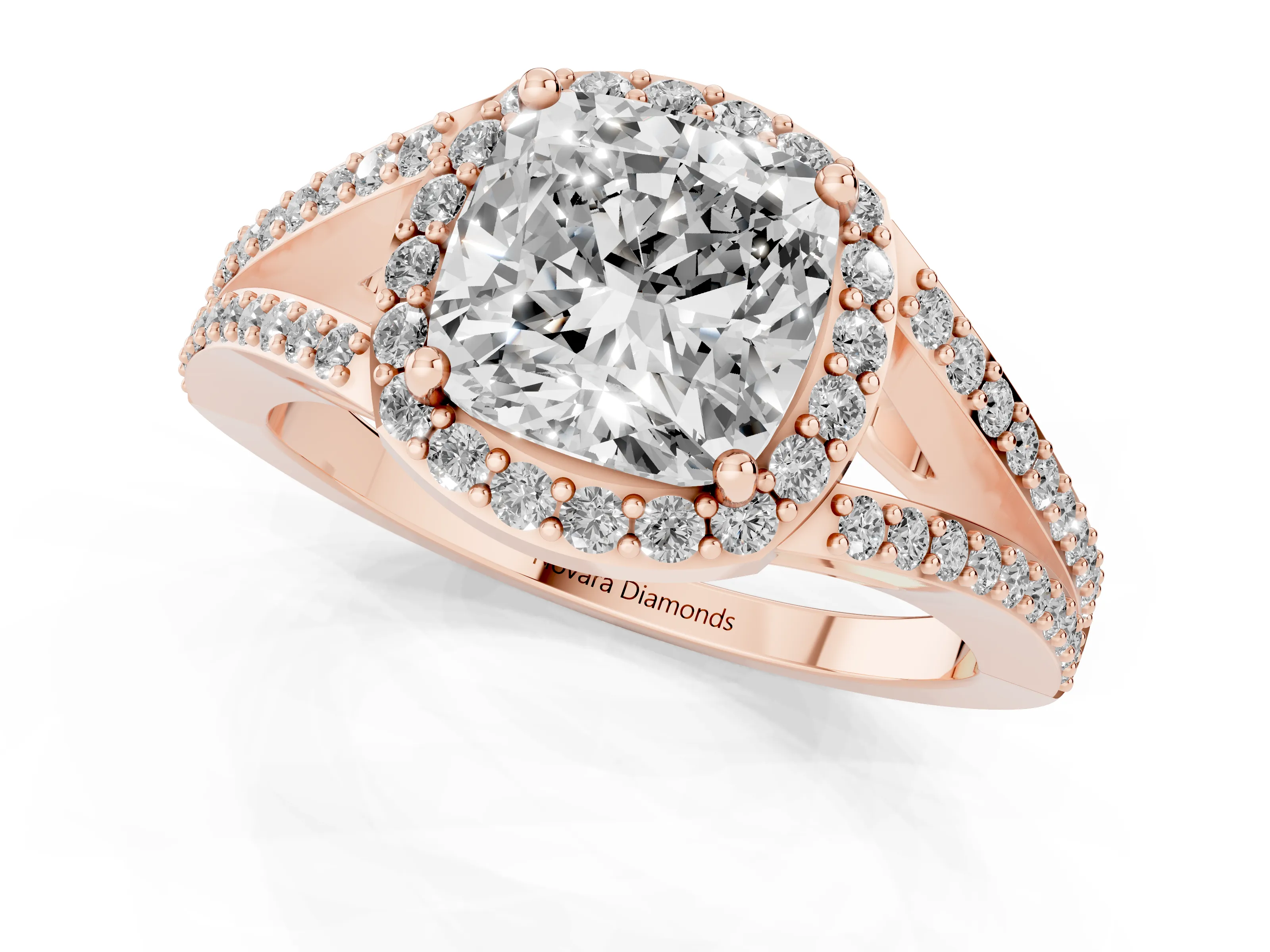Cushion Cut Diamond Halo Split Shank Ring Set in Rose gold with Accent Stones and Prong Setting
