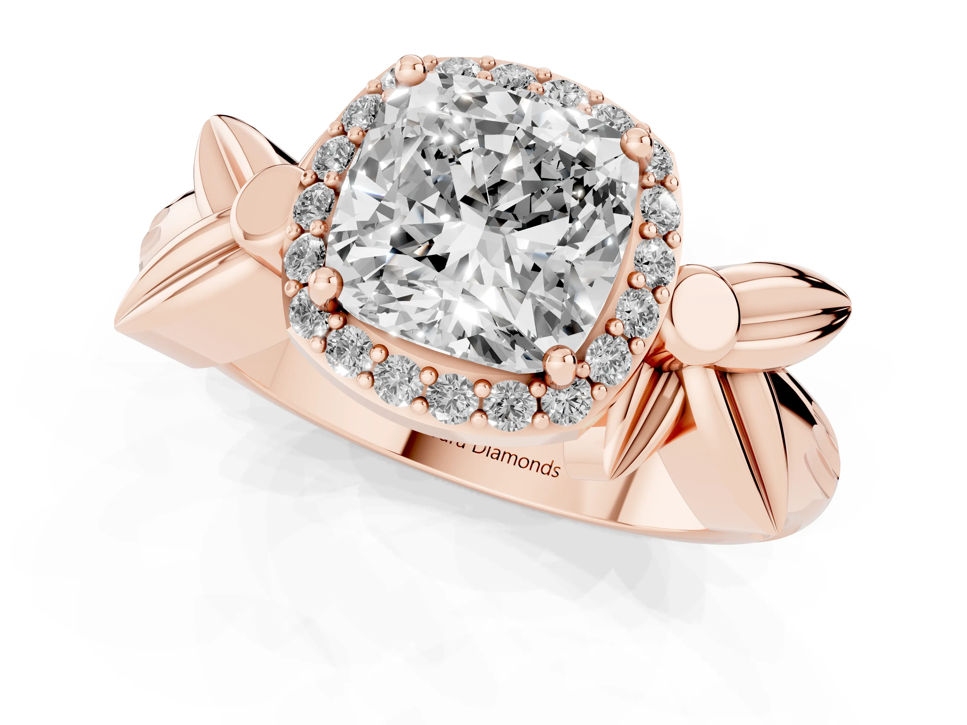 Cushion Cut Diamond Halo Floral Band Ring Set in Rose gold with Prong Setting