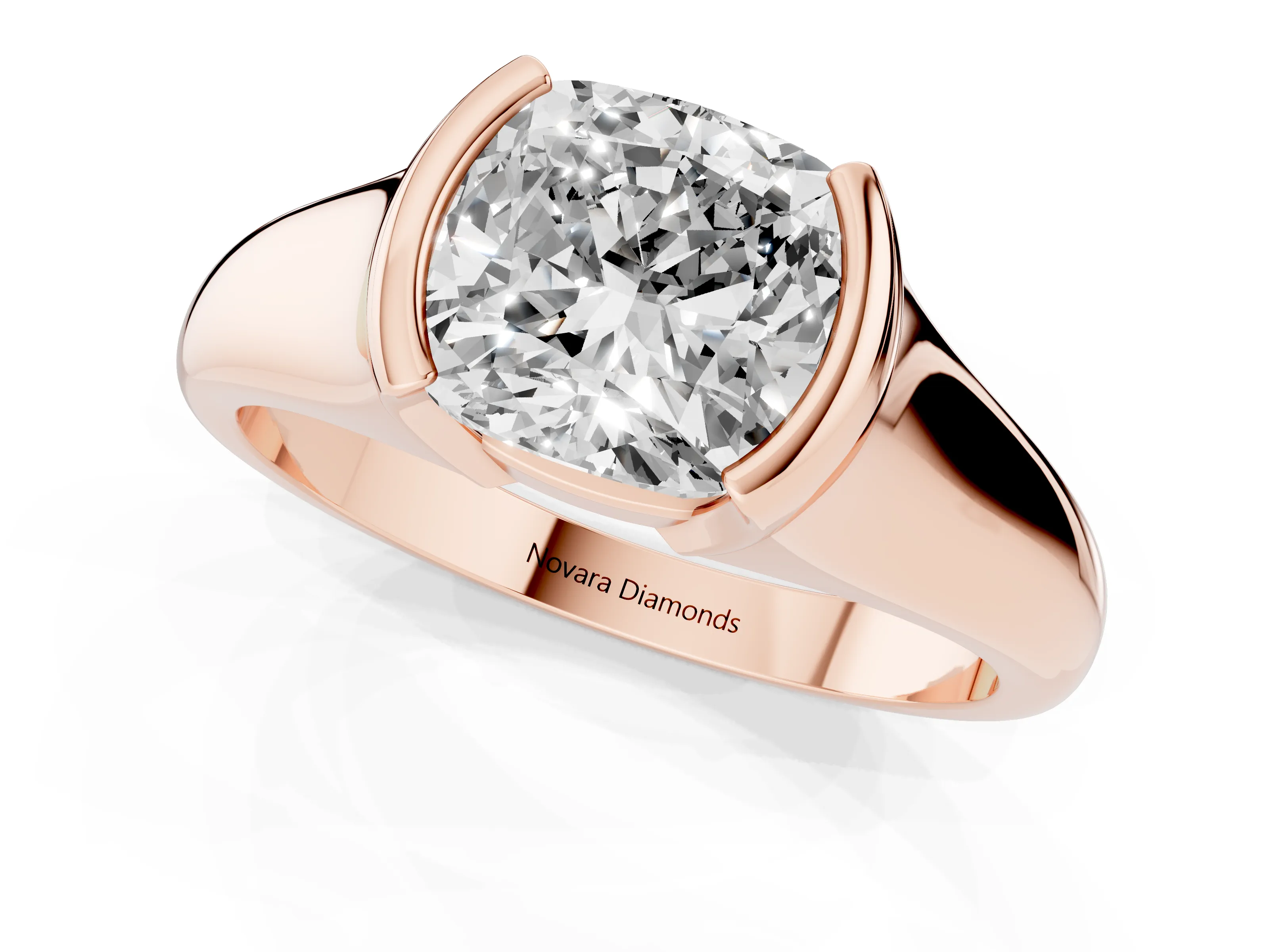 Cushion Cut Diamond Solitaire Tension Set Ring Set in Rose gold with Split Shank Band – second view