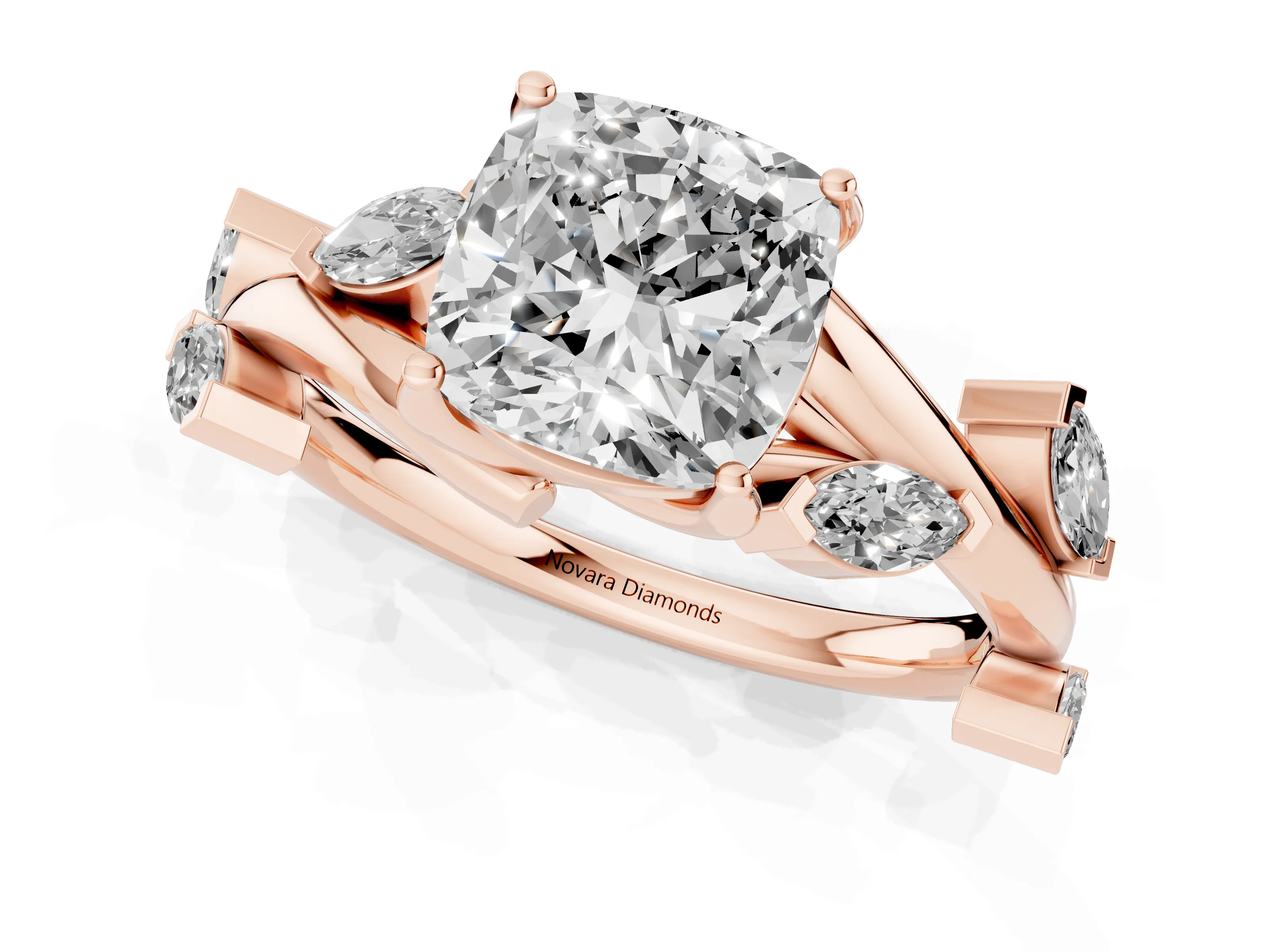 Cushion Cut Diamond Solitaire Ring Set in Rose gold with Twisted Marquise Accent Band