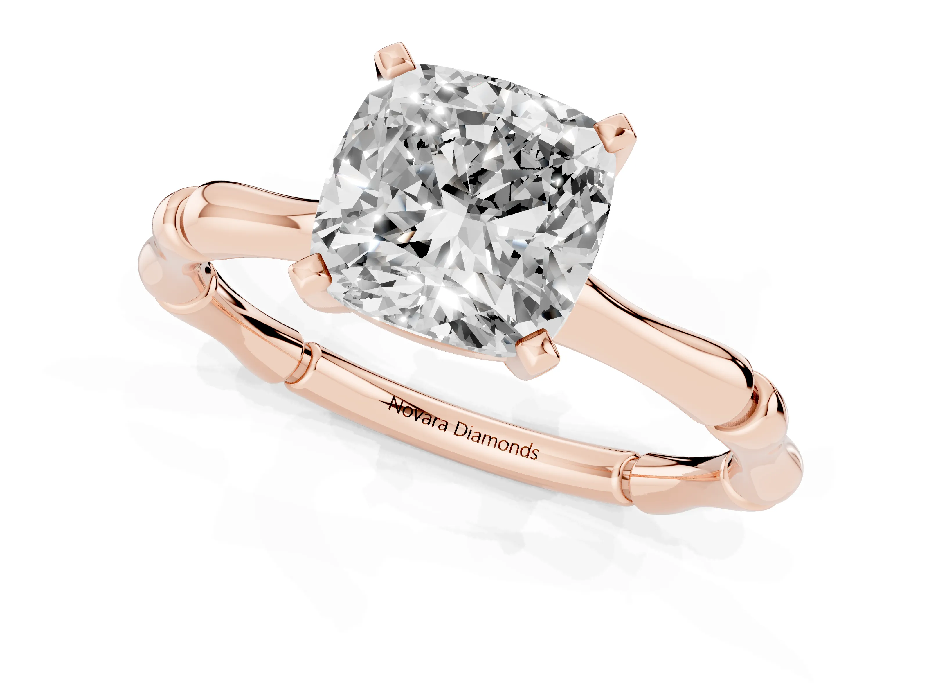 Cushion Cut Diamond Solitaire Ring Set in Rose gold with Bamboo Band and Prong Setting