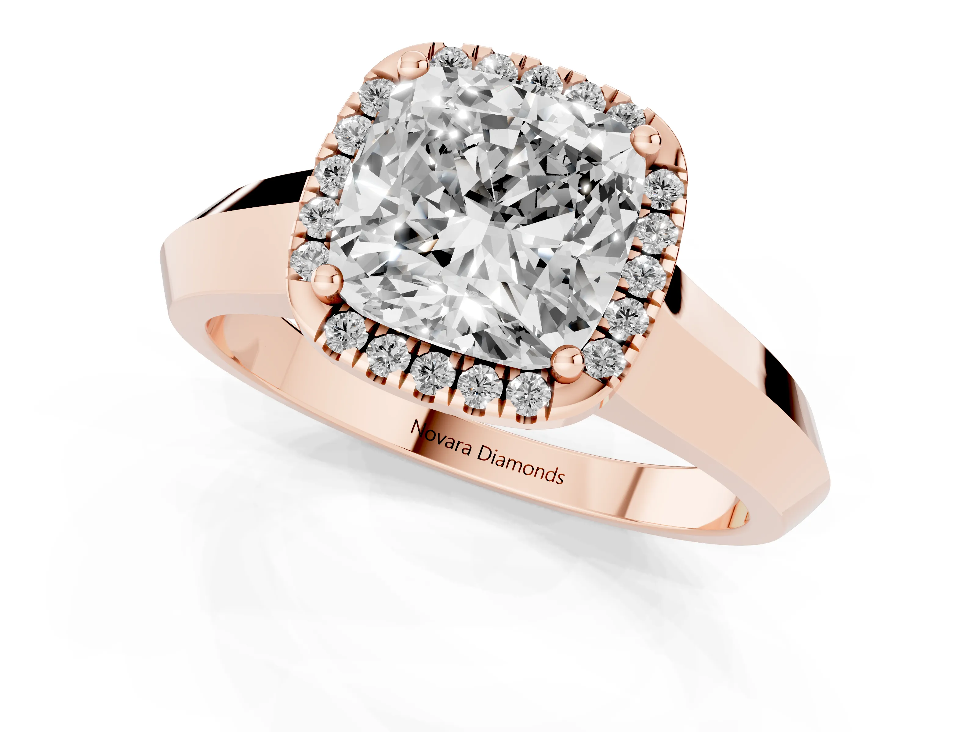 Cushion Cut Diamond Halo Ring Set in Rose gold with Cathedral Band and Prong Setting – second view