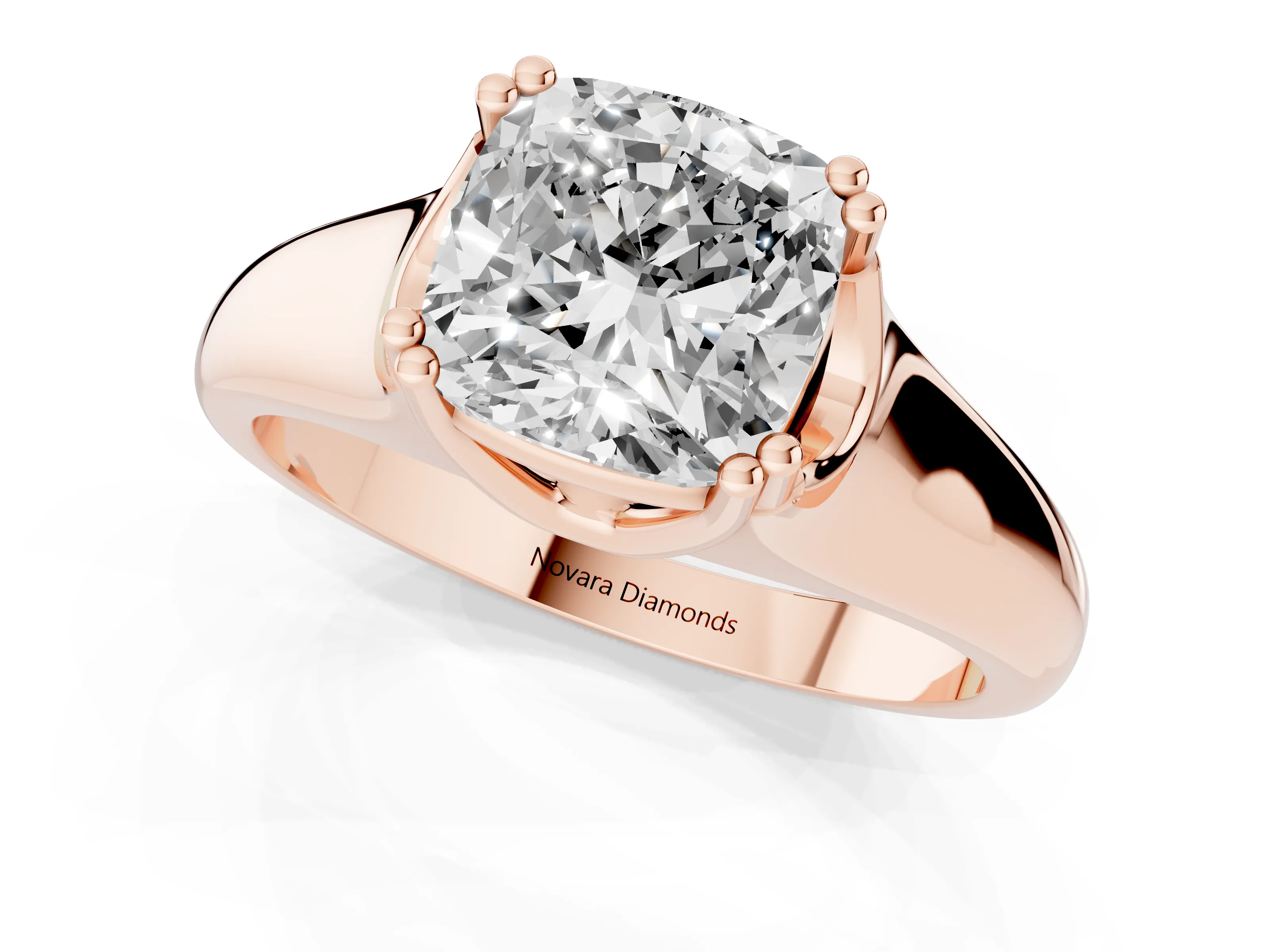 Cushion Cut Diamond Solitaire Ring Set in Rose gold with Wide Band and Prong Setting