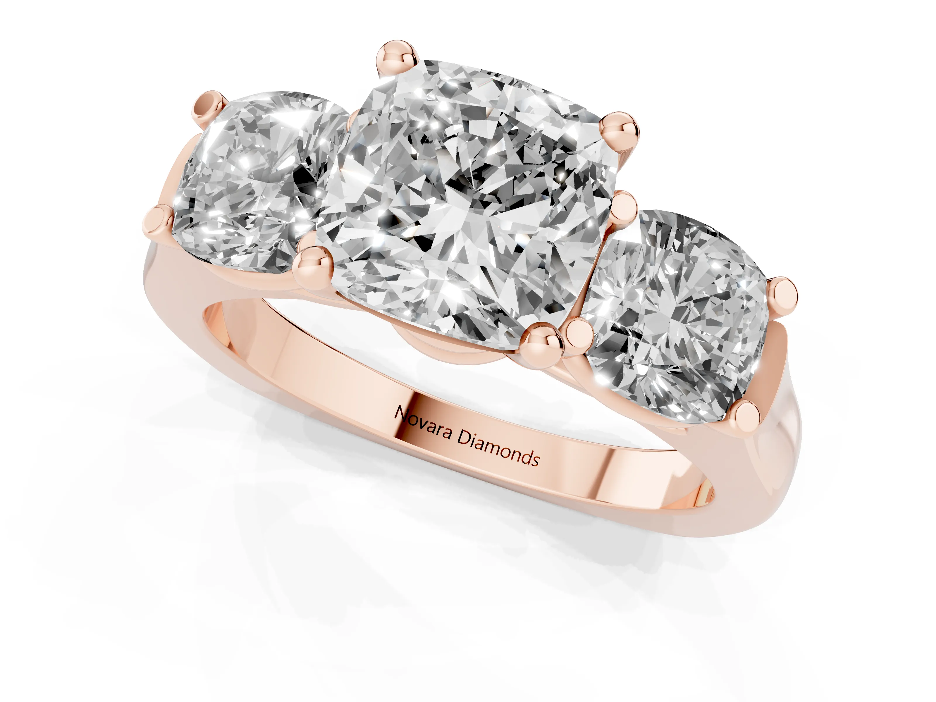 Cushion Cut Diamond Three-Stone Trellis Ring Set in Rose gold with Comfort Fit Band