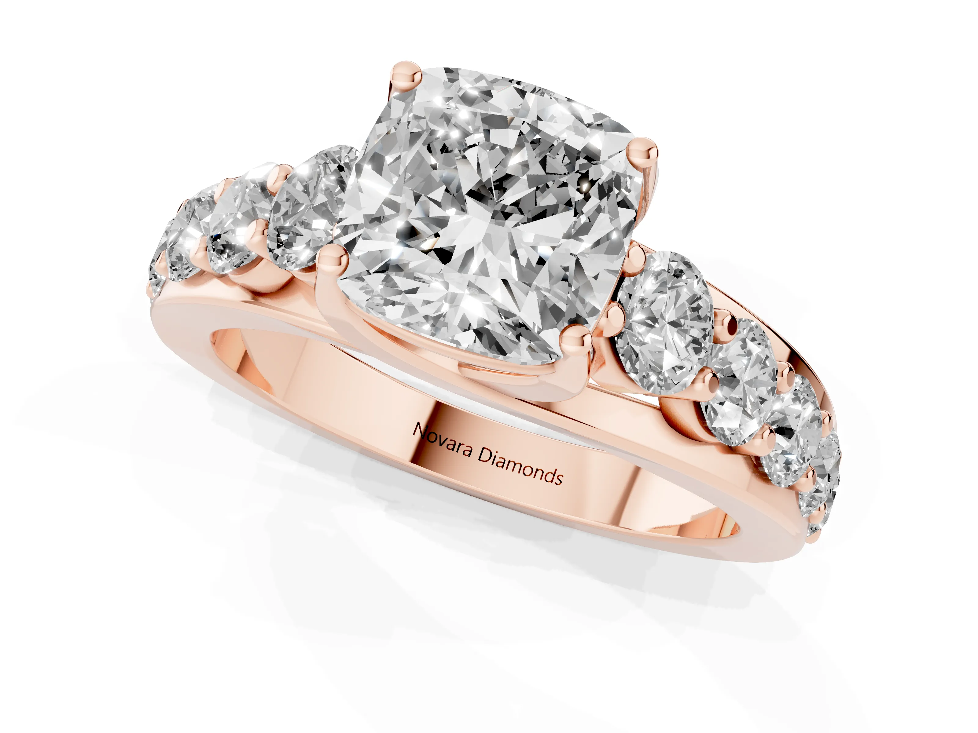 Cushion Cut Diamond Pavé Engagement Ring Set in Rose gold with Prong Setting
