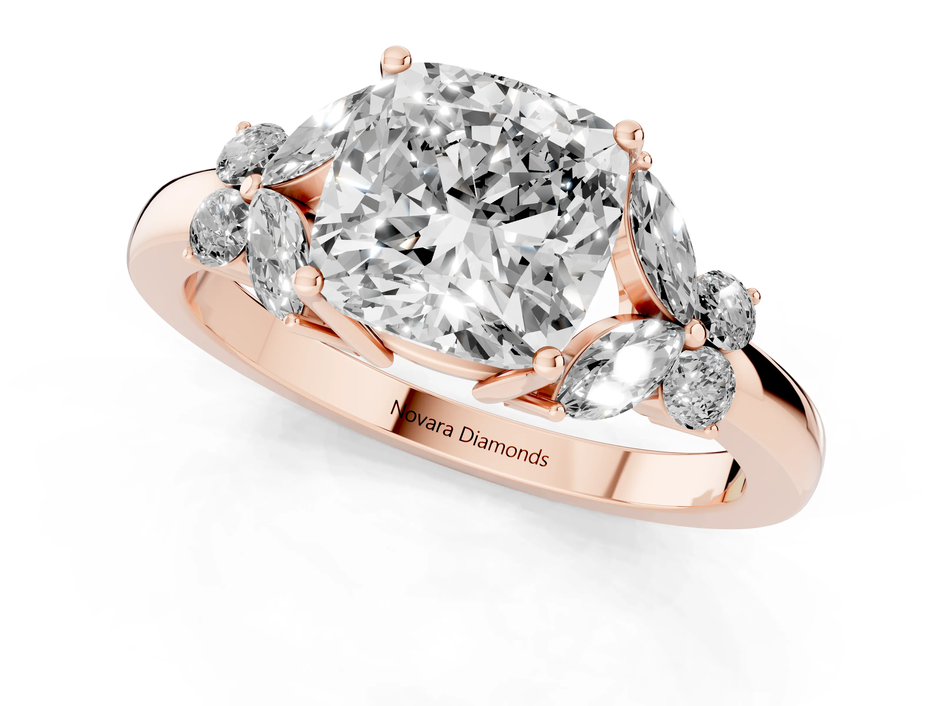 Cushion Cut Diamond Solitaire Floral Ring Set in Rose gold with Marquise Petals and Prong Setting