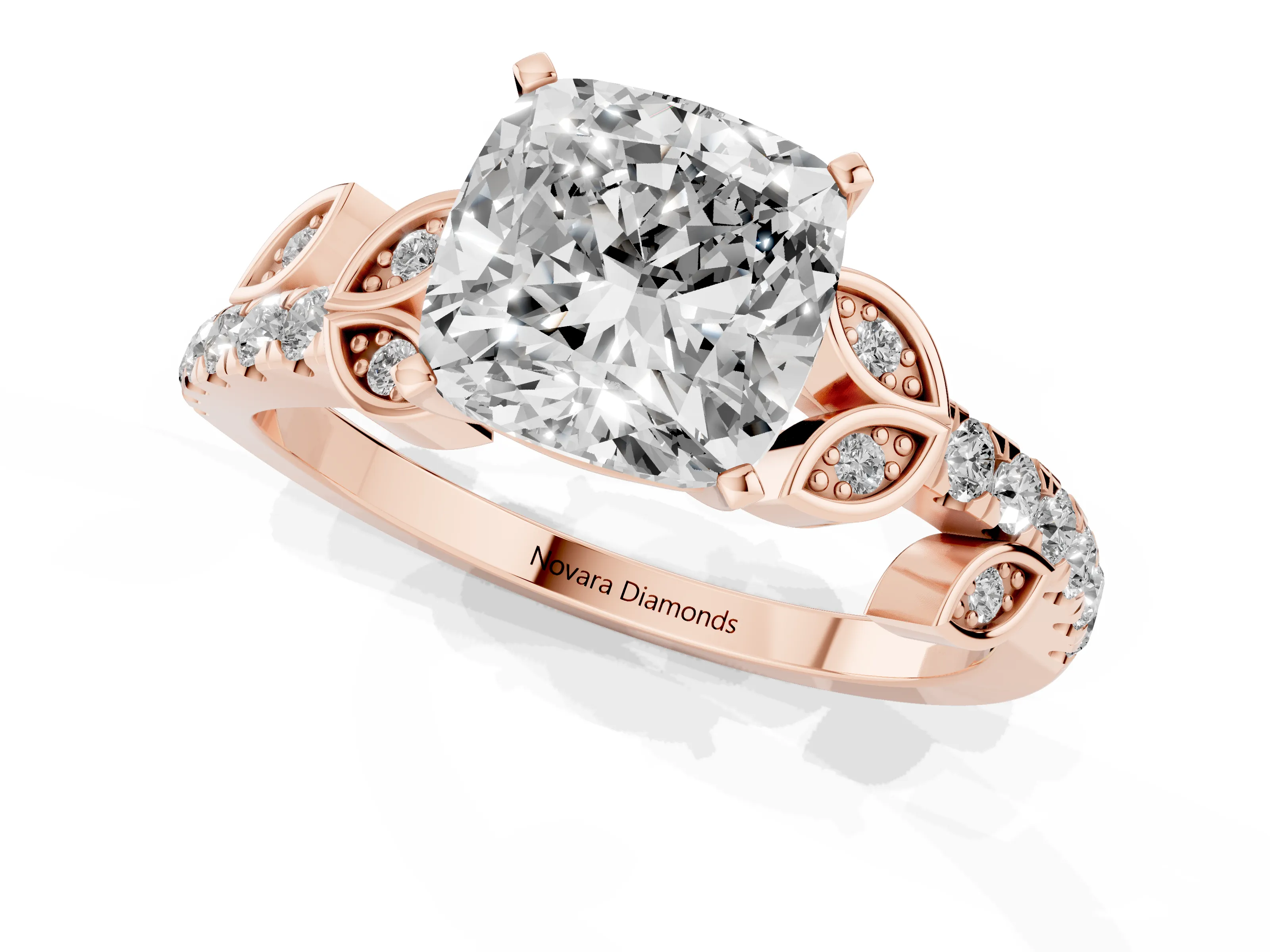 Cushion Cut Diamond Solitaire Leaf-Inspired Ring Set in Rose gold with Pavé Band and Prong Setting