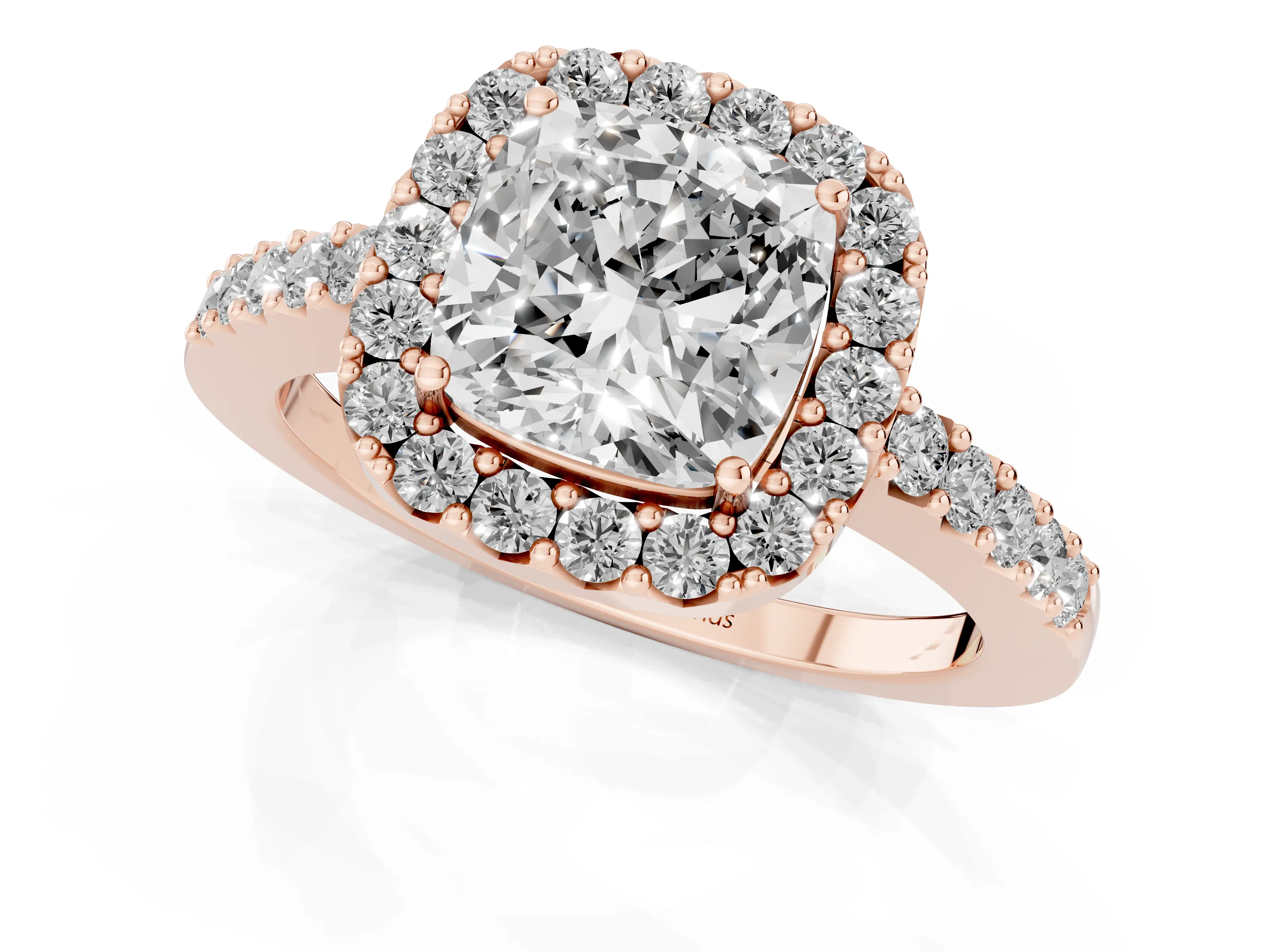 Cushion Cut Diamond Halo Pavé Solitaire Ring Set in Rose gold with Prong-Set Center Stone