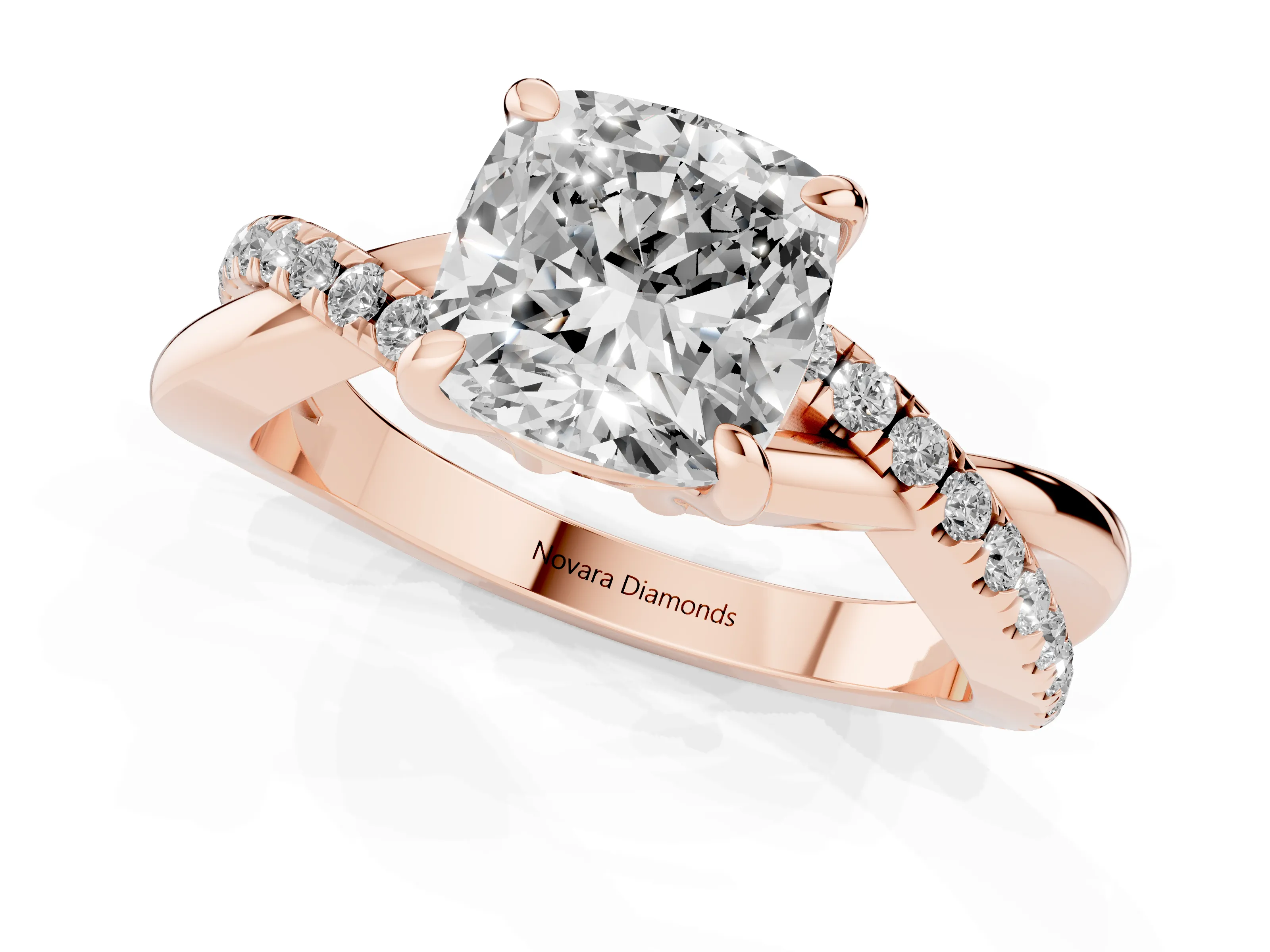 Cushion Cut Diamond Twist Band Pavé Solitaire Ring Set in Rose gold with Prong Setting – second view