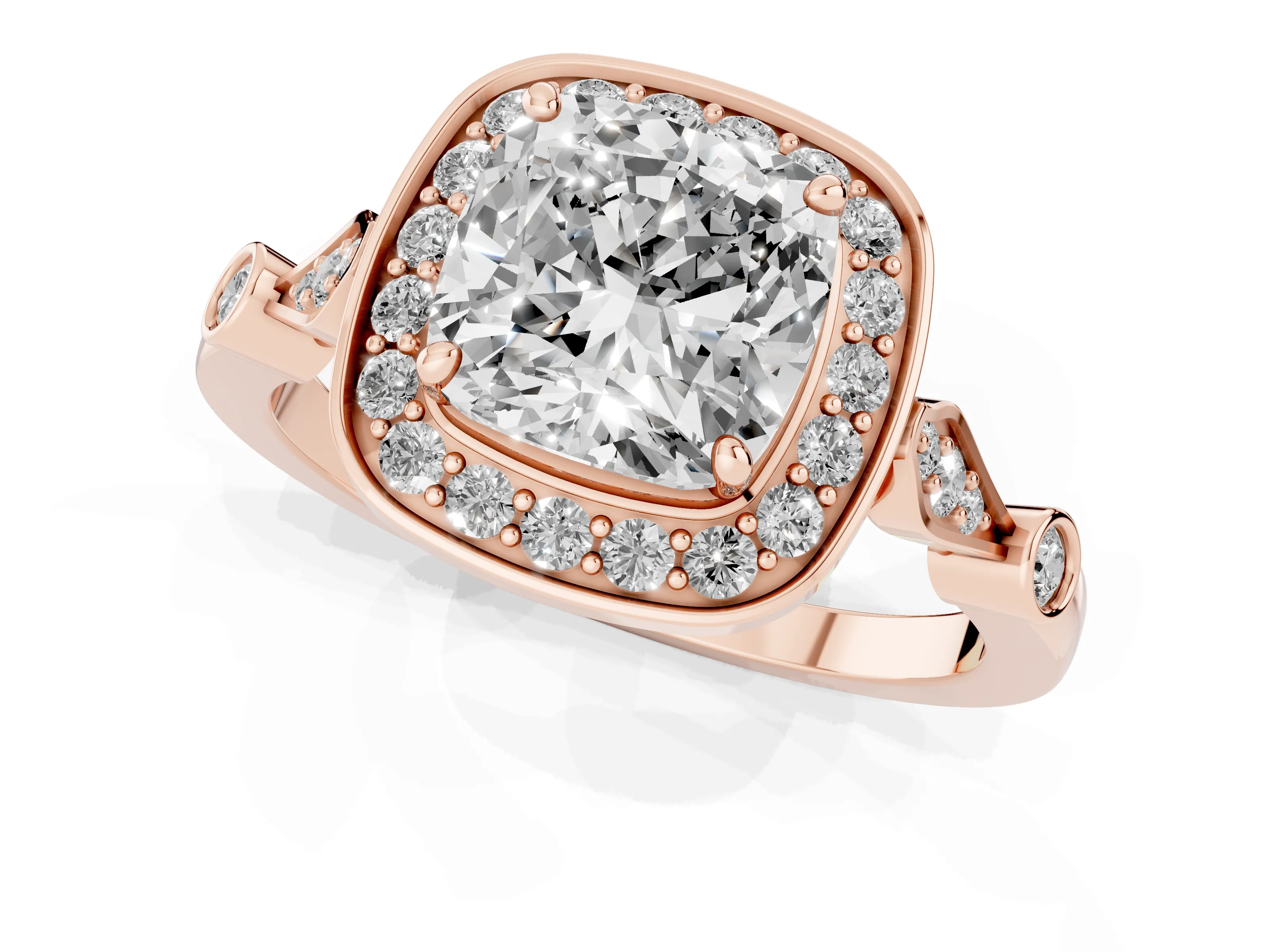Cushion Cut Diamond Halo Engagement Ring Set in Rose gold with Twisted Band and Prong Setting