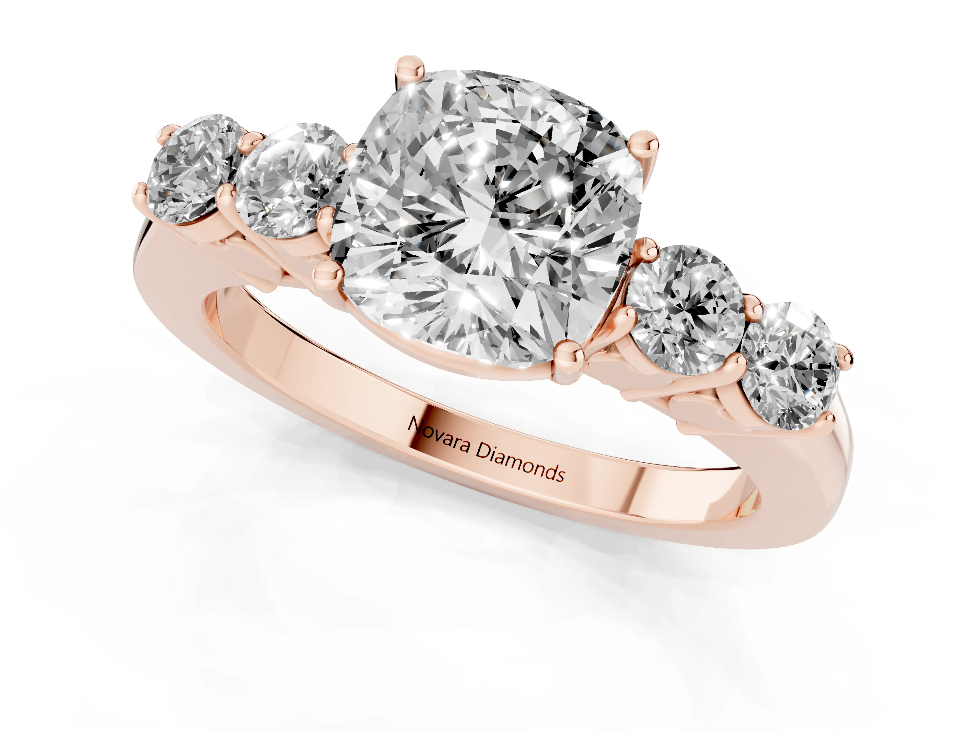 Cushion Cut Diamond Five-Stone Prong Set Band Ring Set in Rose gold with Polished Band