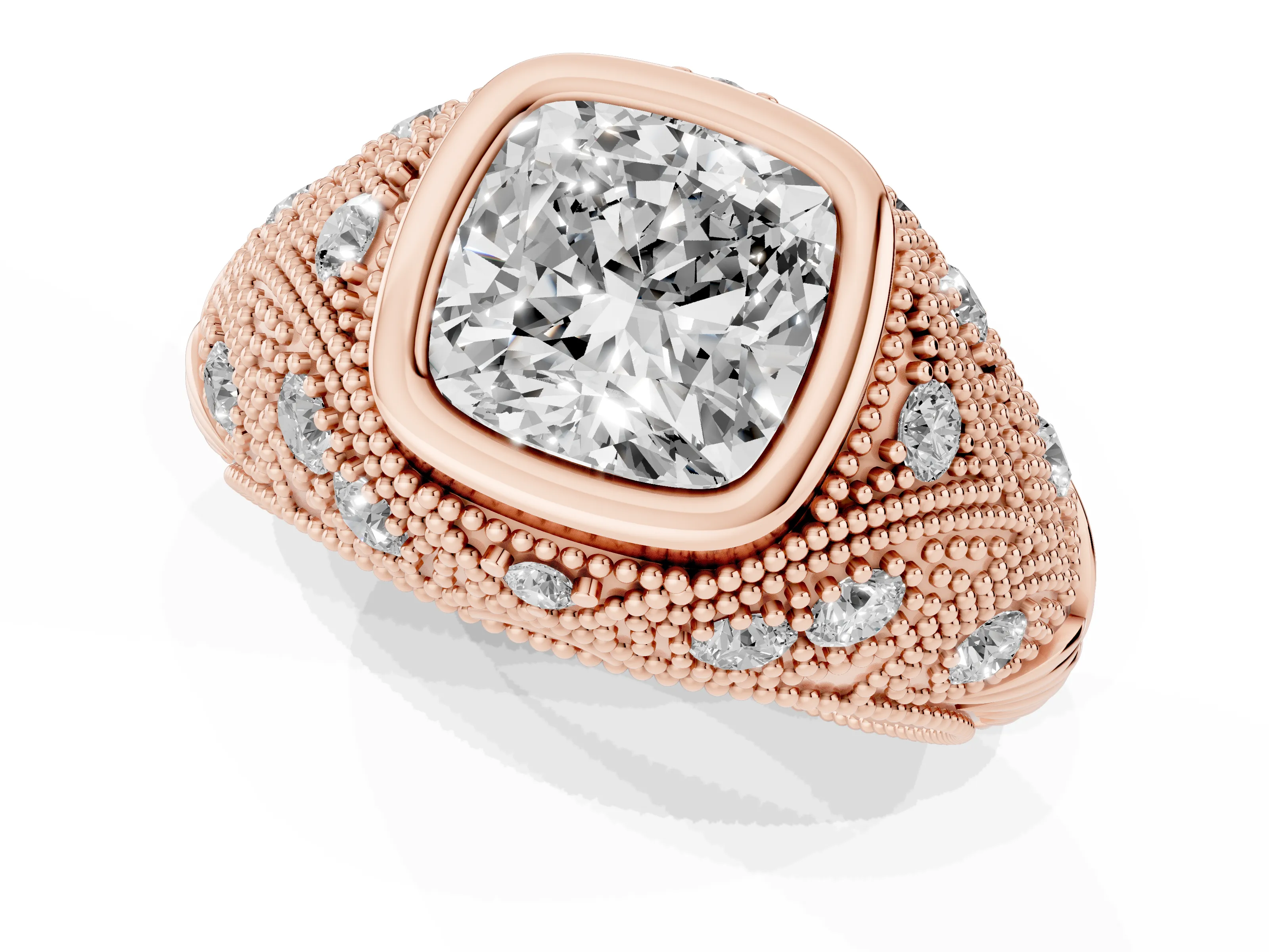 Cushion Cut Diamond Bezel Ring Set in Rose gold with Milgrain Accent Band