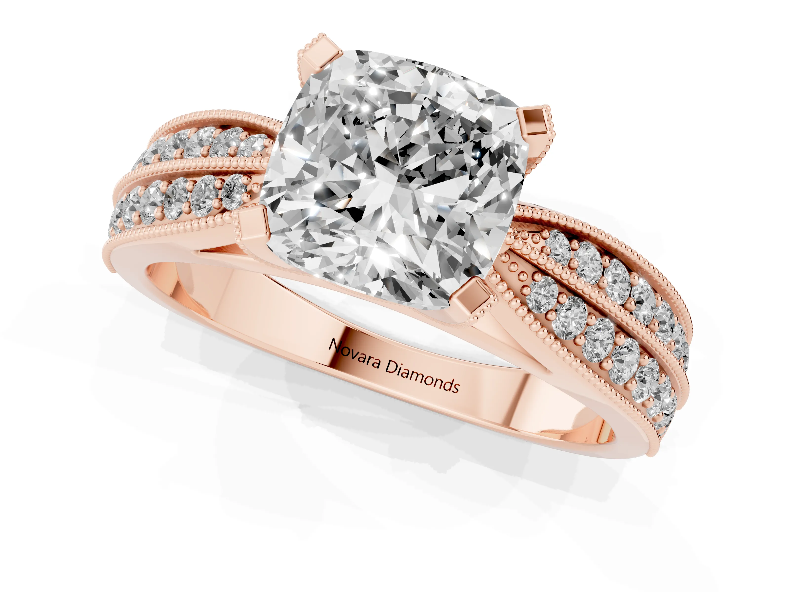 Cushion Cut Diamond Solitaire Ring Set in Rose gold with Milgrain Double Row Round Pavé Band
