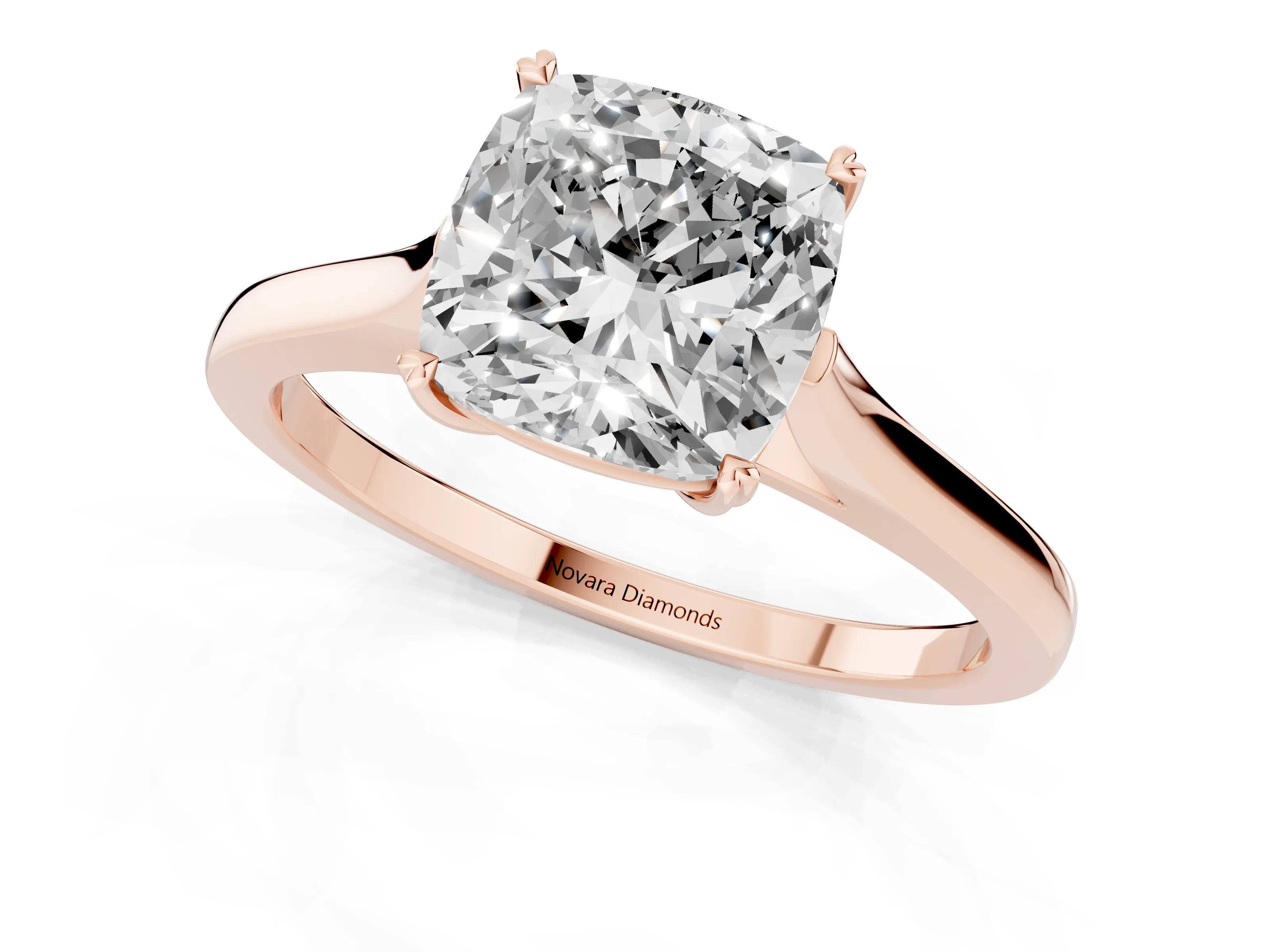 Cushion Cut Diamond Solitaire Heart Prong Engagement Ring Set in Rose gold with Tapered Band