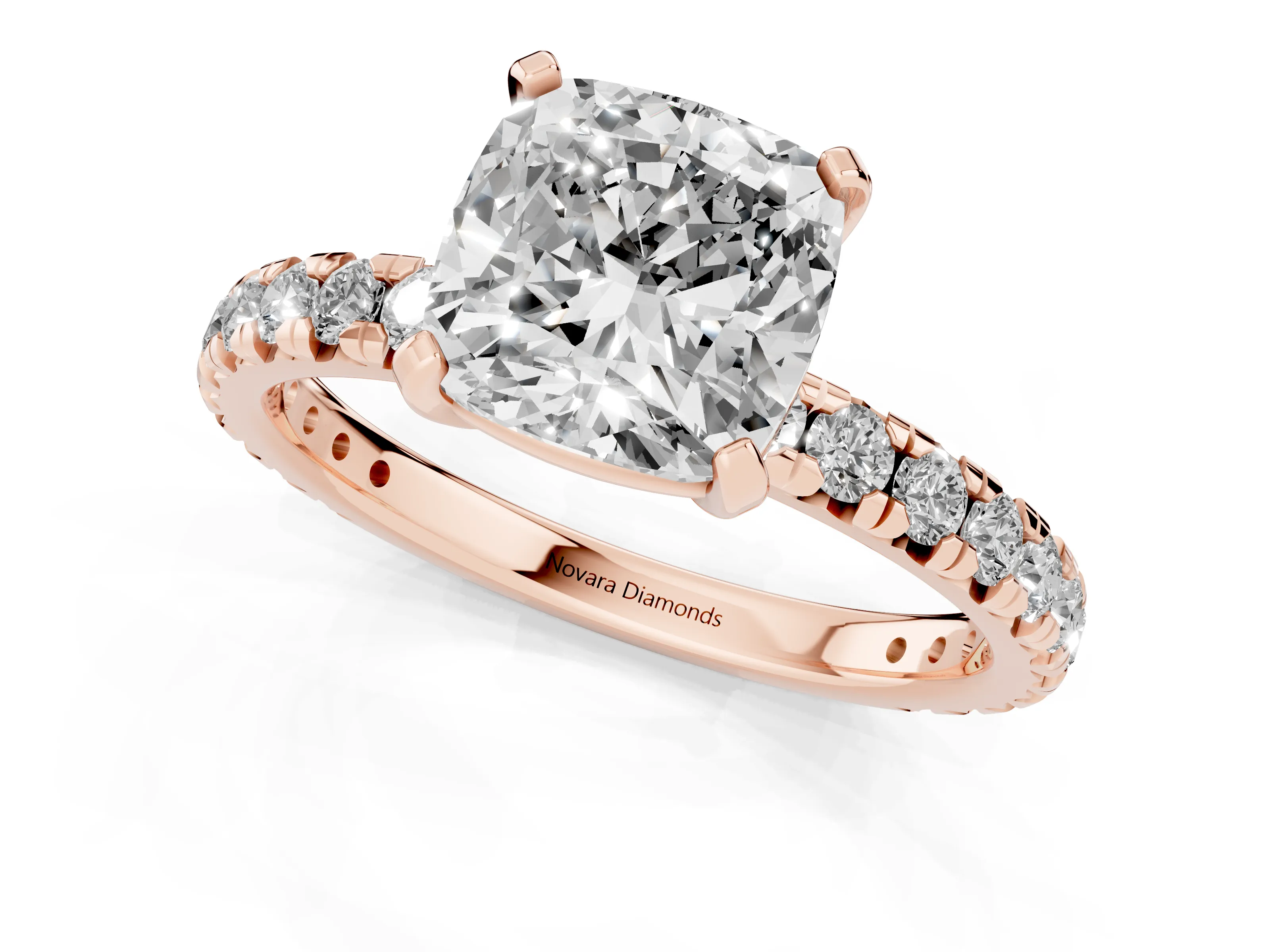 Cushion Cut Diamond Pavé Solitaire Ring Set in Rose gold with Round Band and Prong Setting – second view